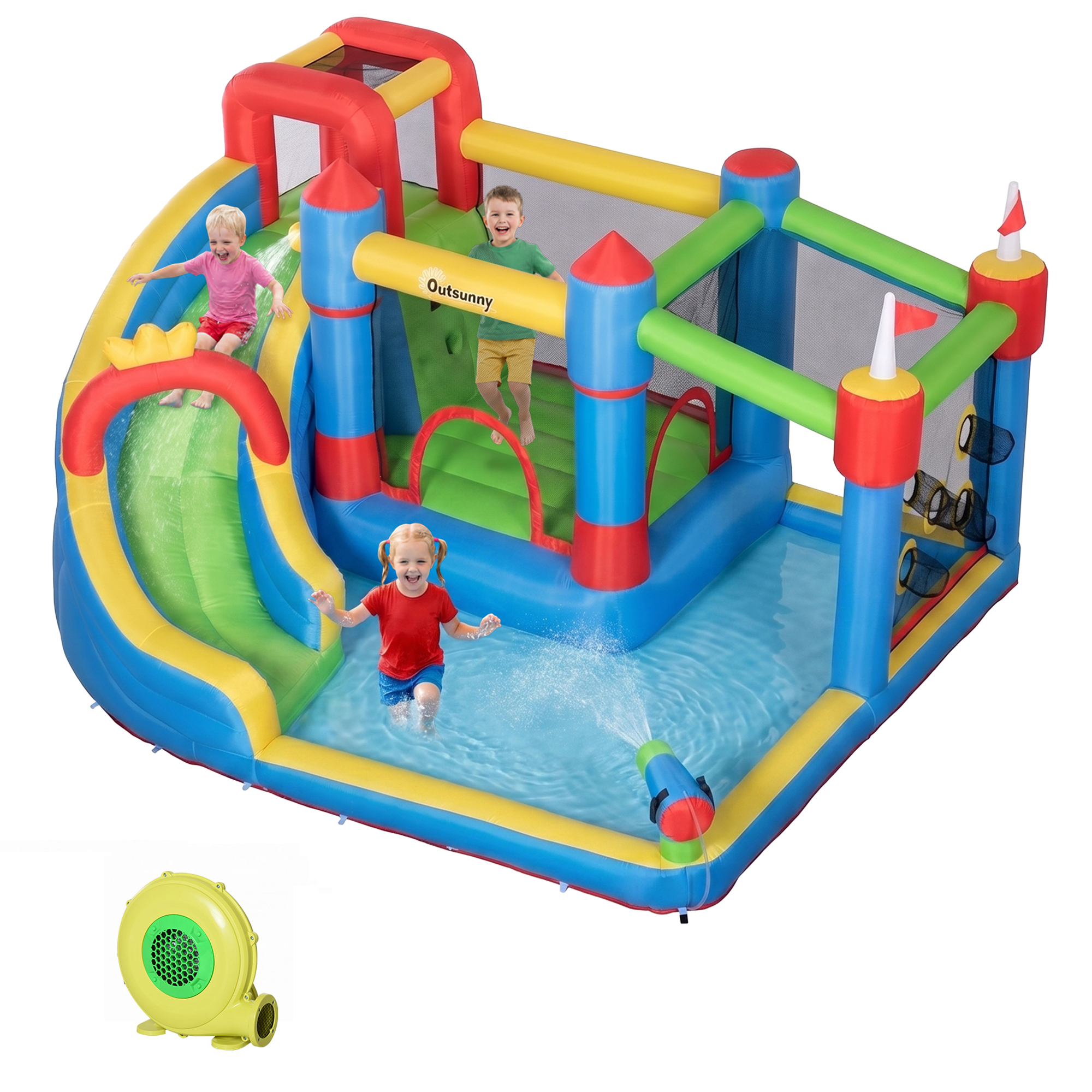 Outsunny Inflatable Water Slide Park 6-in-1 Kids Bounce House Castle with Pool Cannon Slide Trampoline Throwing Wall 450W Blower | Aosom.com