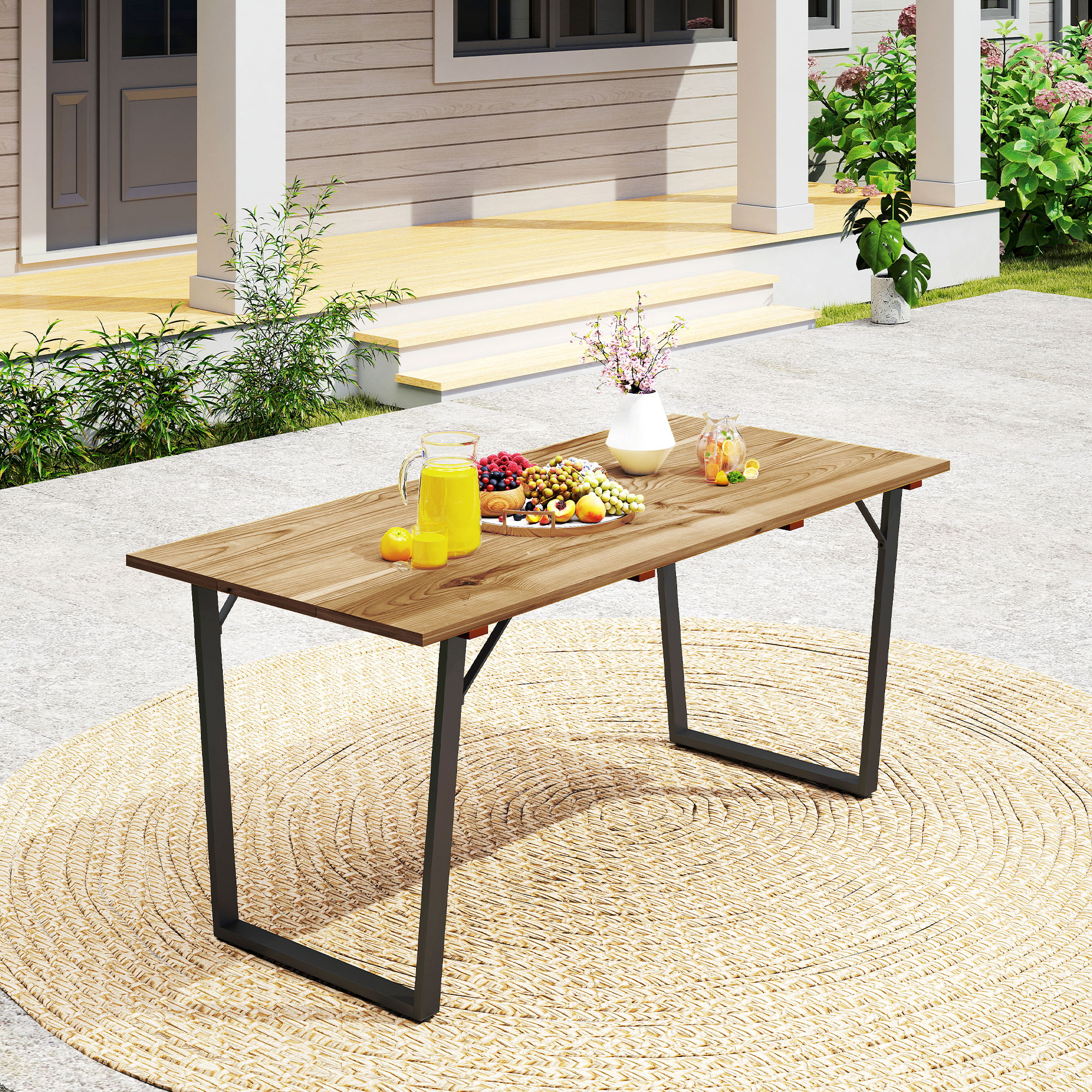 Outsunny Wooden Outdoor Dining Table for 6 with 2" Umbrella Hole, Slatted Tabletop, Metal Frame, for Yard, Deck, Lawn Aosom Canada