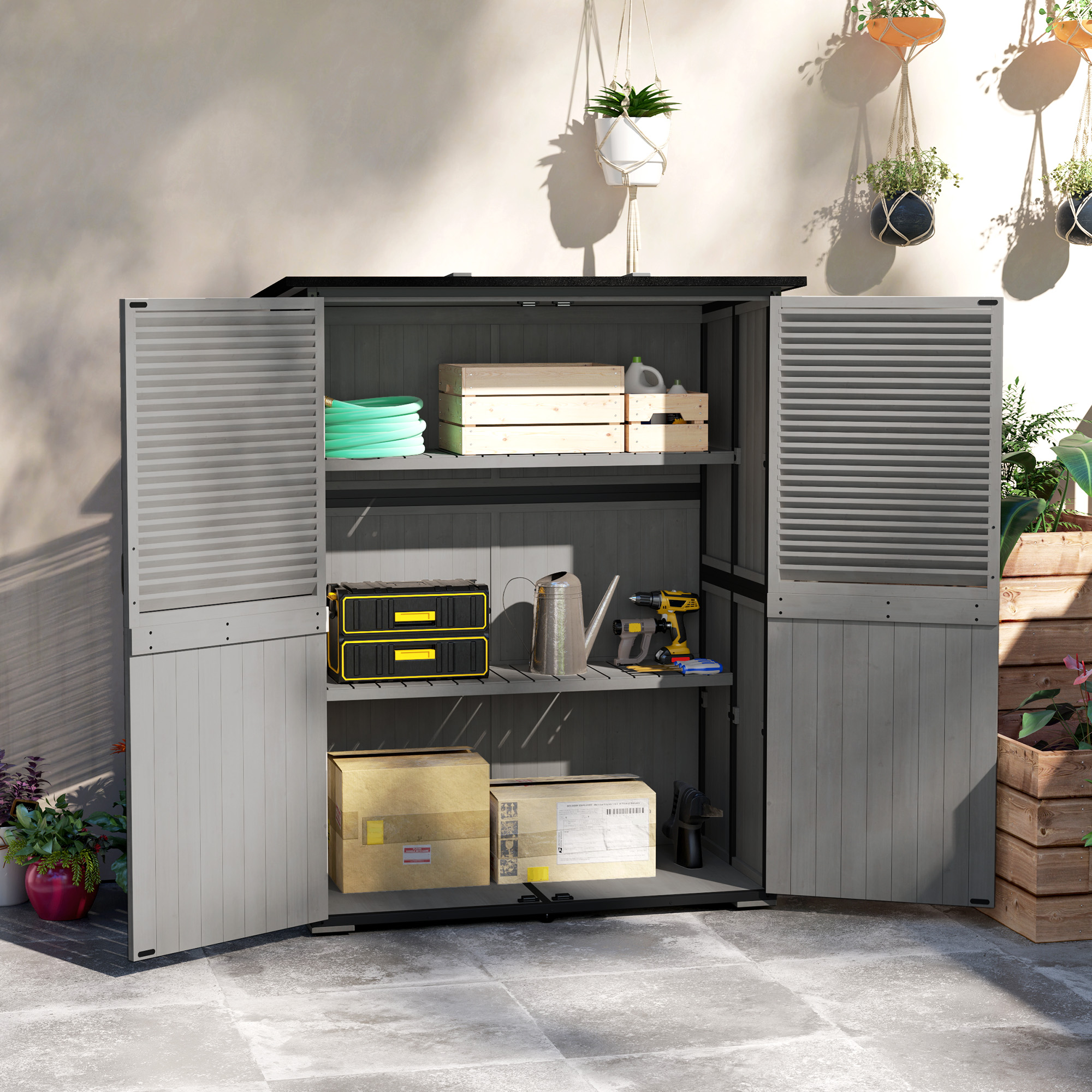 Outsunny Outdoor Storage Cabinet, Wood Garden Shed with Steel Frame, Asphalt Roof, 2 Shelves and Lockable Doors, Grey Aosom Canada