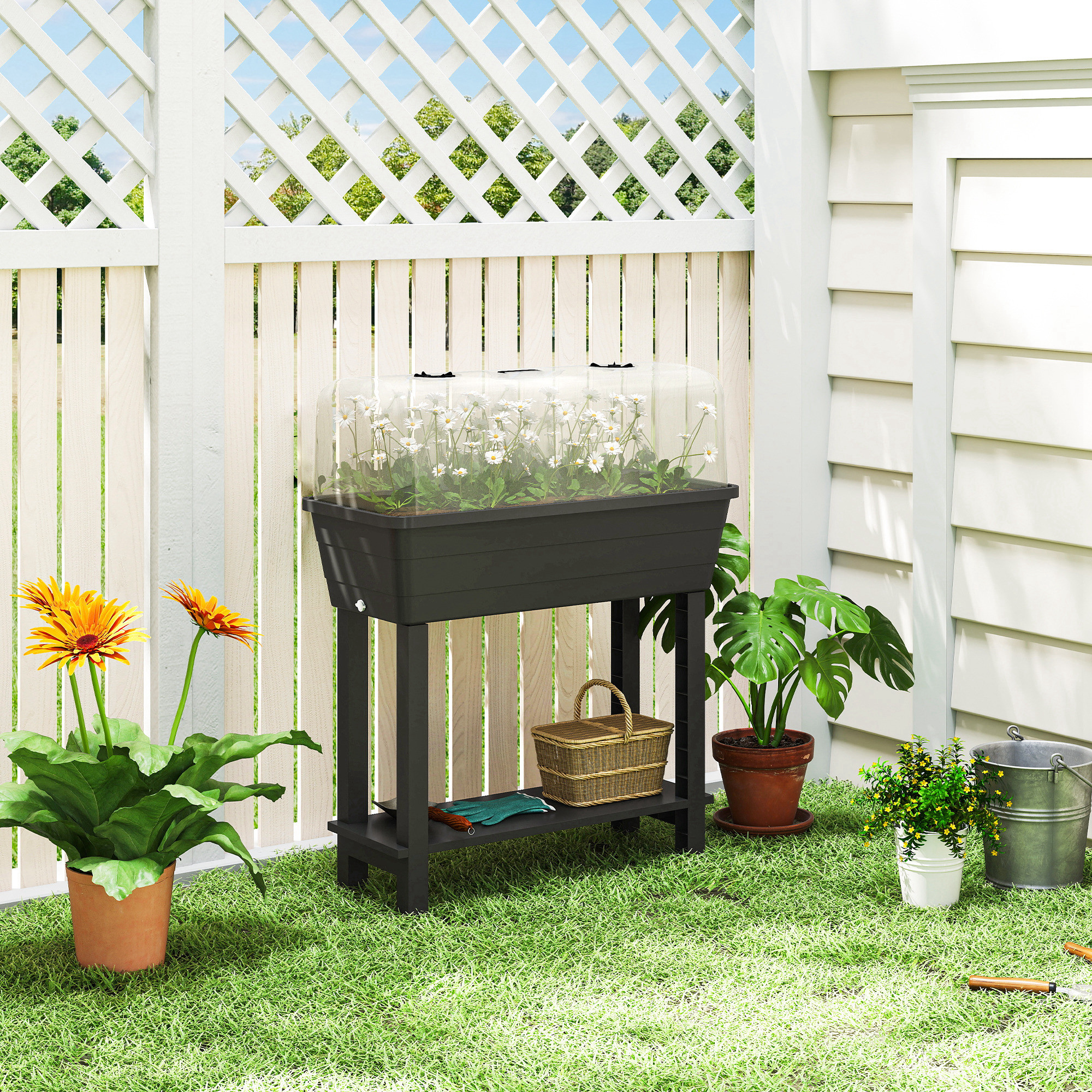 Outsunny 41L Self Watering Raised Garden Bed w/ Ventilation Transparent Lid Greenhouse, Planter Box w/ Storage Shelf, Black Aosom Canada
