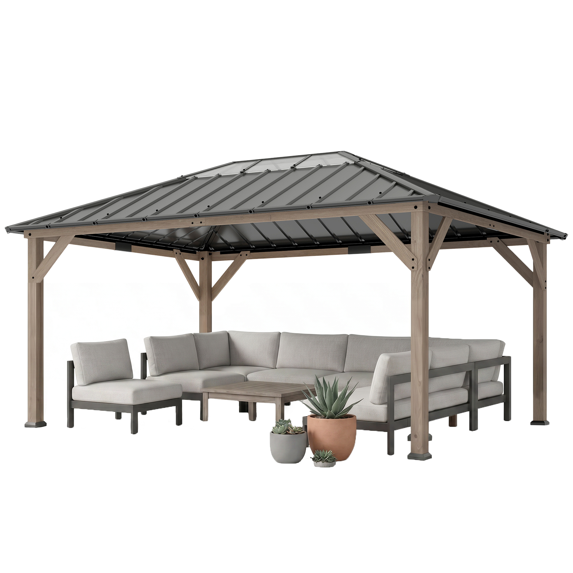 Outsunny 12' x 16' Hardtop Gazebo with Galvanized Steel Roof, UPF50+ Wood Permanent Pavilion with Clear Roof Top, Light Walnut