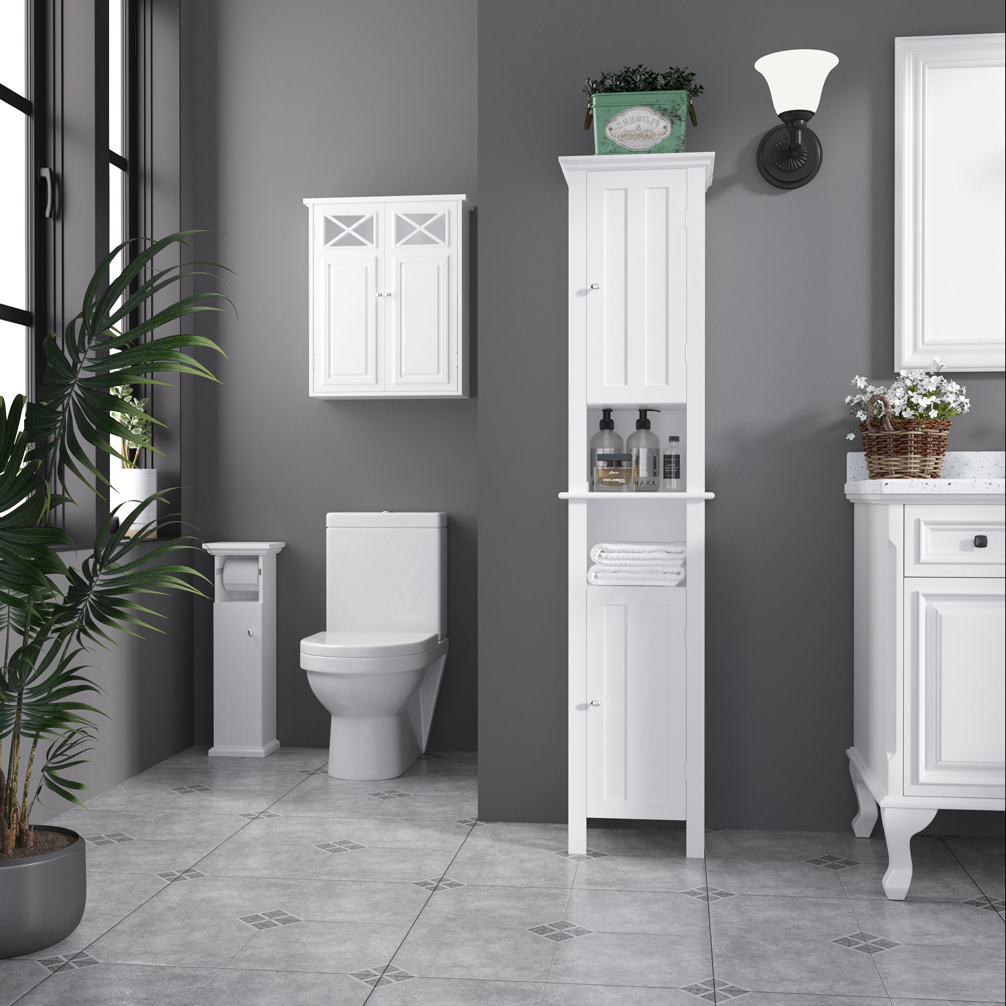 kleankin Freestanding Linen Cabinet: White Bathroom Storage with Open Shelves & Cupboards Aosom Canada