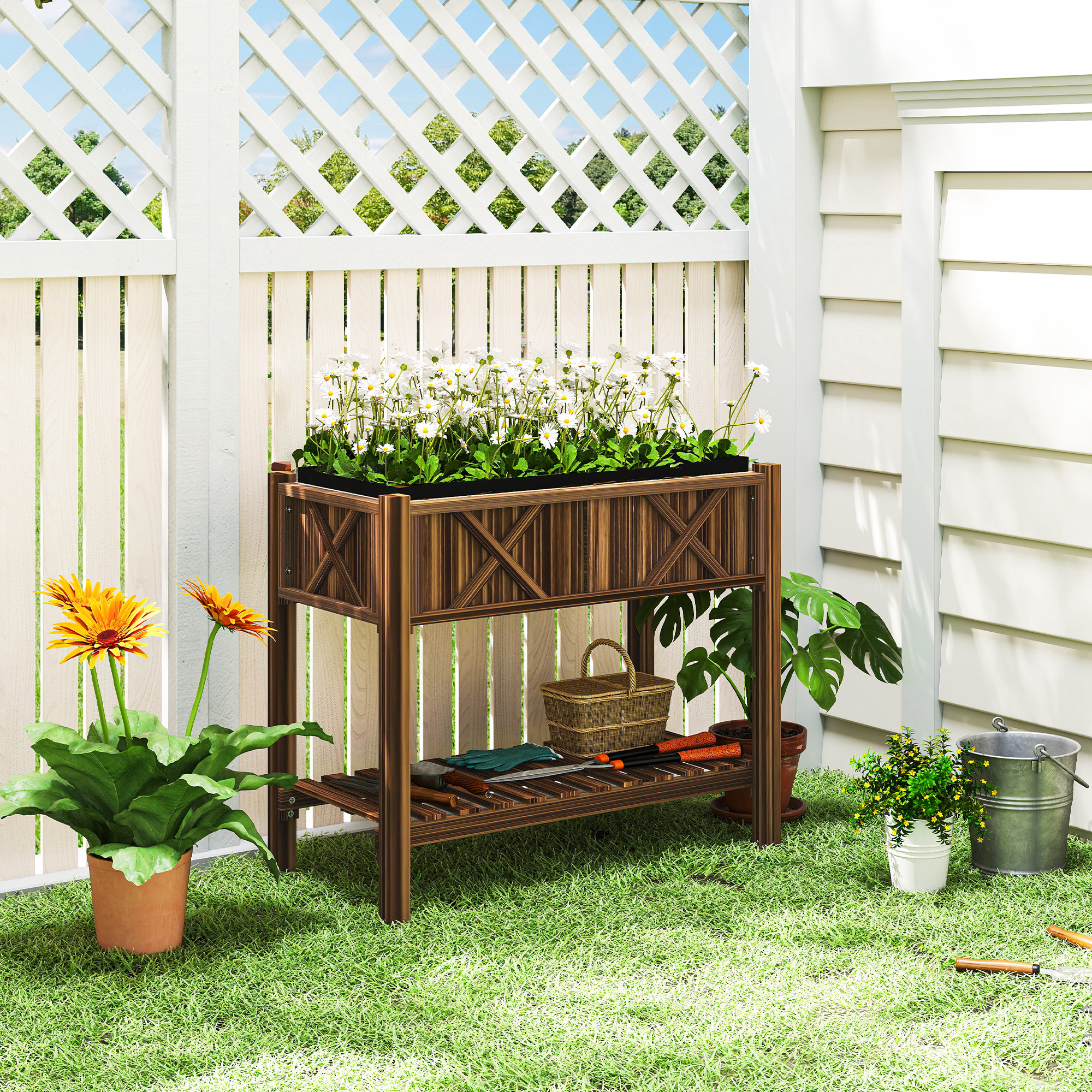Outsunny Wooden Raised Garden Bed, Elevated Planter Box with Storage Shelf, Drainage Holes and Liner, 34"x18"x30", Carbonized Aosom Canada
