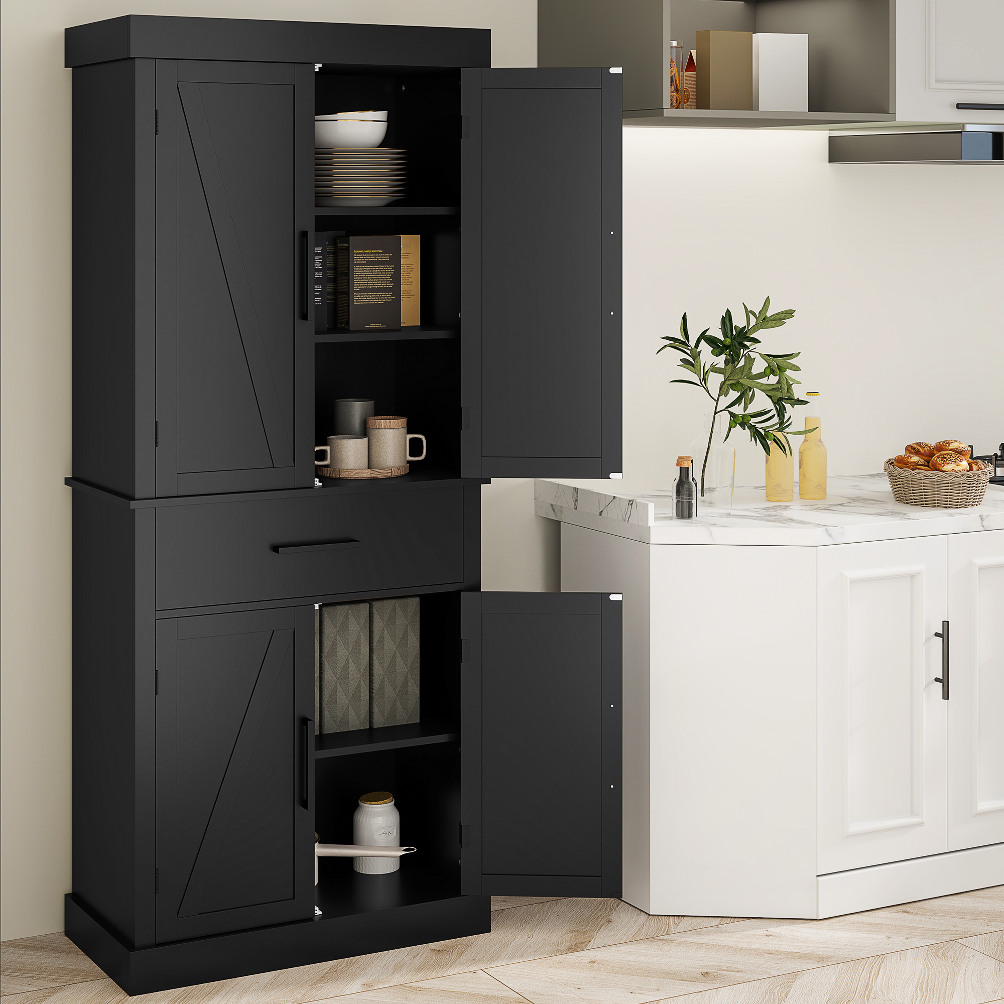 HOMCOM 72 " Kitchen Pantry Cabinet, Farmhouse Kitchen Storage Cabinet with 4 Barn Doors, Drawer, Adjustable Shelves, Black Aosom Canada