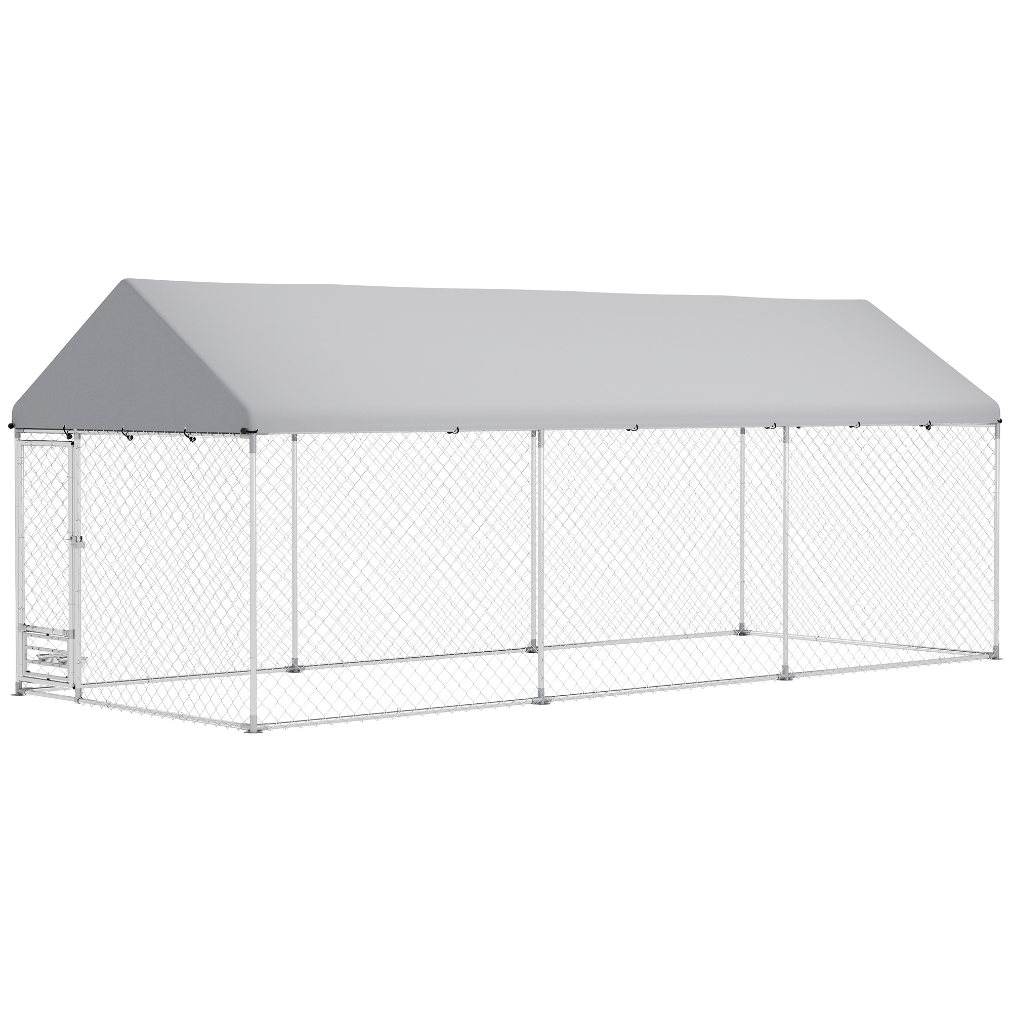 PawHut Outdoor Dog Kennel w/ Adjustable & Rotatable Bowl Rack, Waterproof UV-Resistant Cover, Secure Lock, 19.7' x 7.5' x 7.5'