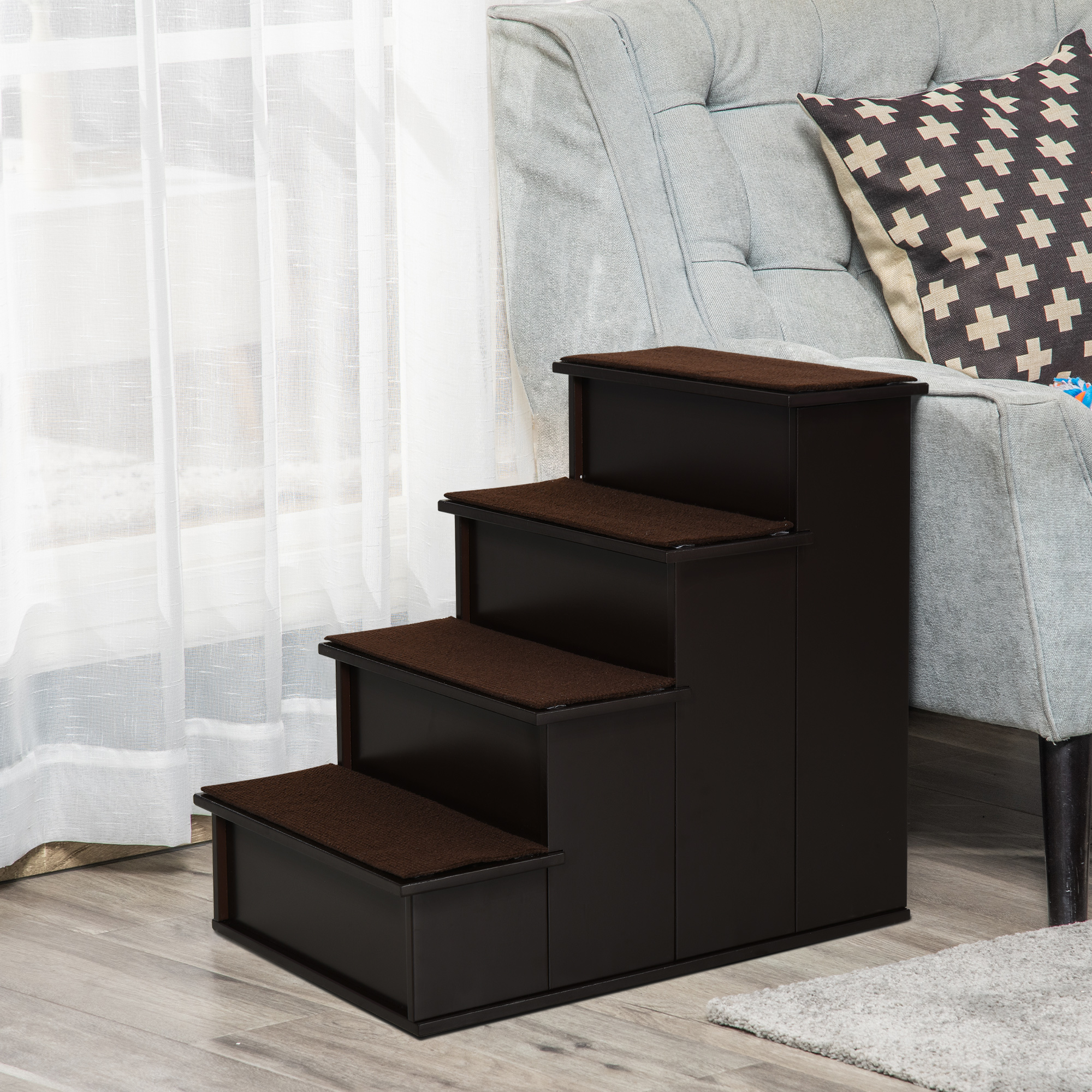 PawHut 4-Level Pet Stairs: Dark Coffee Wooden Dog Steps with Non-Slip Carpet for High Bed & Cat Access Aosom Canada