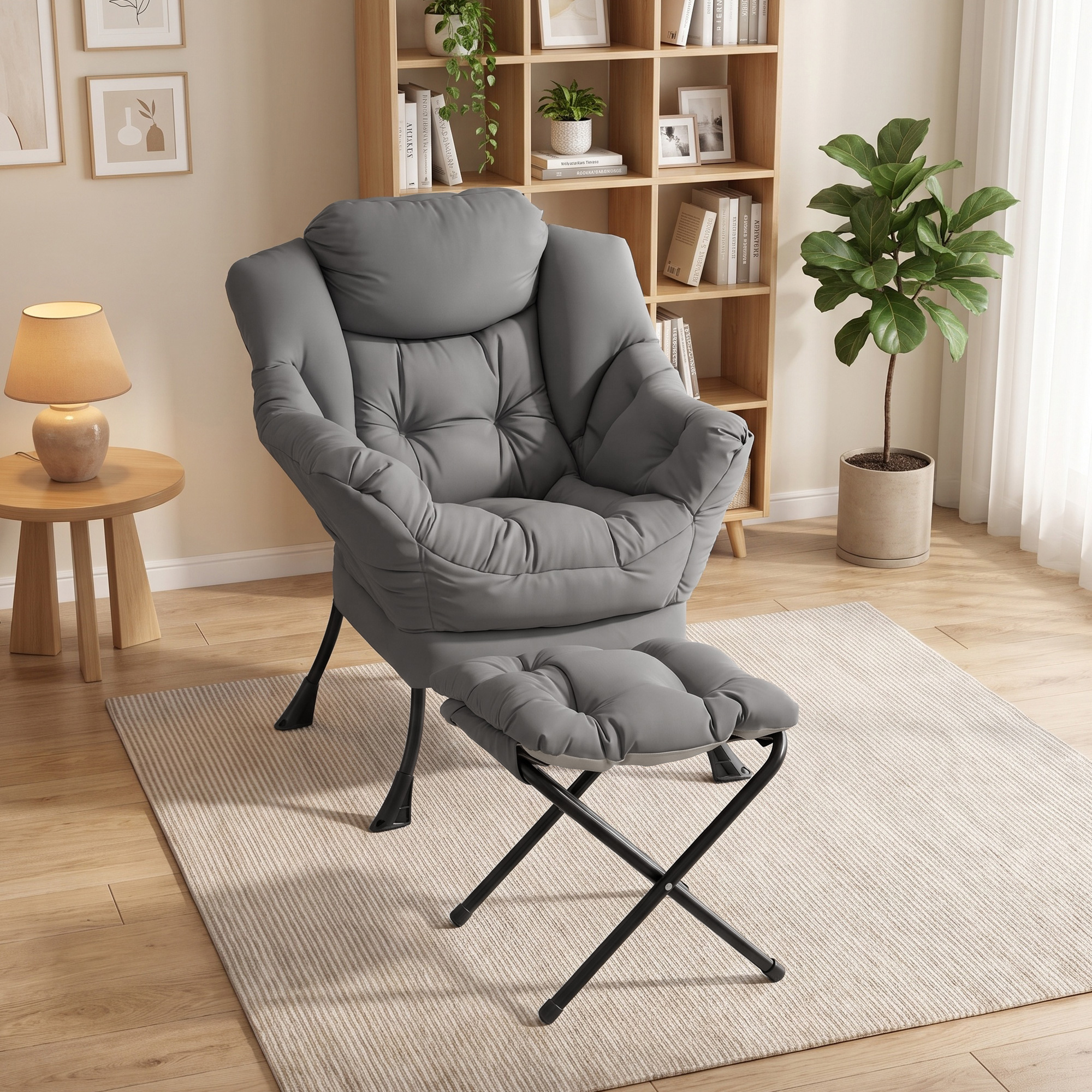 HOMCOM Lazy Chair with Ottoman, Peach Skin Fabric Reading Chair with Foldable Footstool, Plush Cushion, Tufted, Dark Grey Aosom Canada