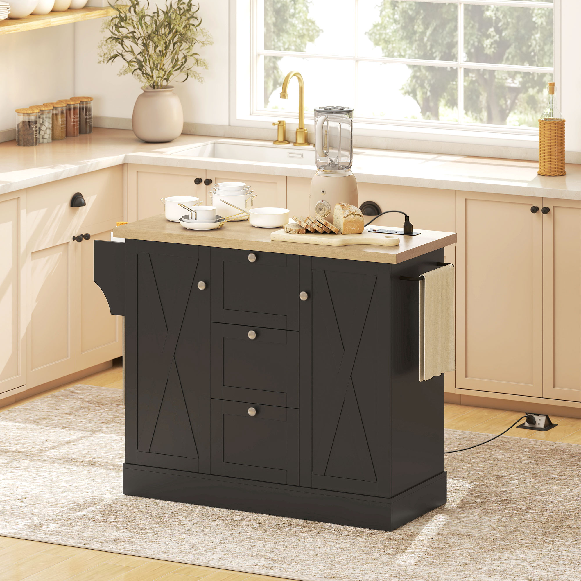 HOMCOM Farmhouse Kitchen Island Cart with Power Outlet and Soft-Close Doors, 49" Kitchen Island with 3 Drawers, Black Aosom Canada