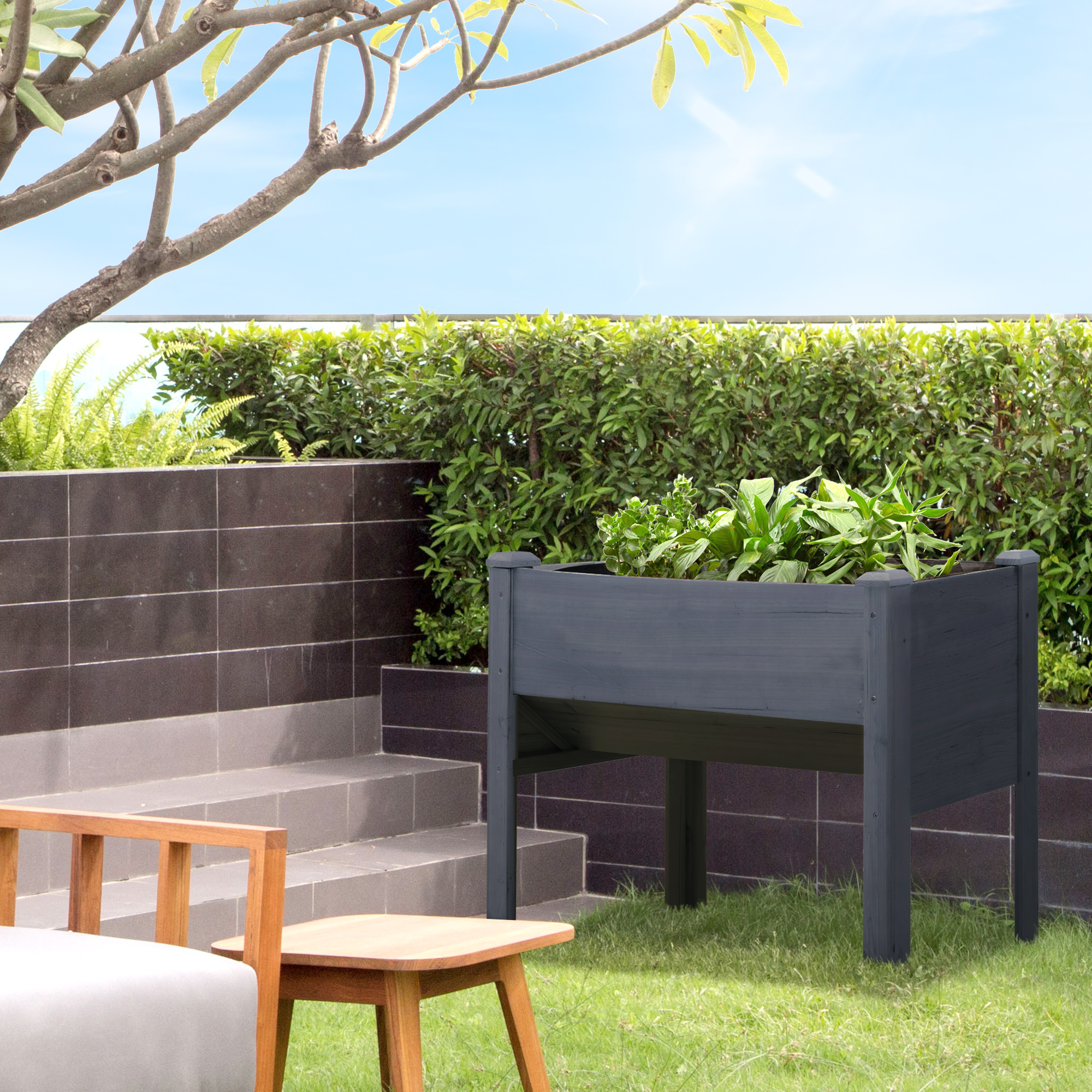 Outsunny Tall Wooden Plant Stand - Outdoor Raised Flower Bed Box with Hooks, 48"x24"x32", Grey Aosom Canada