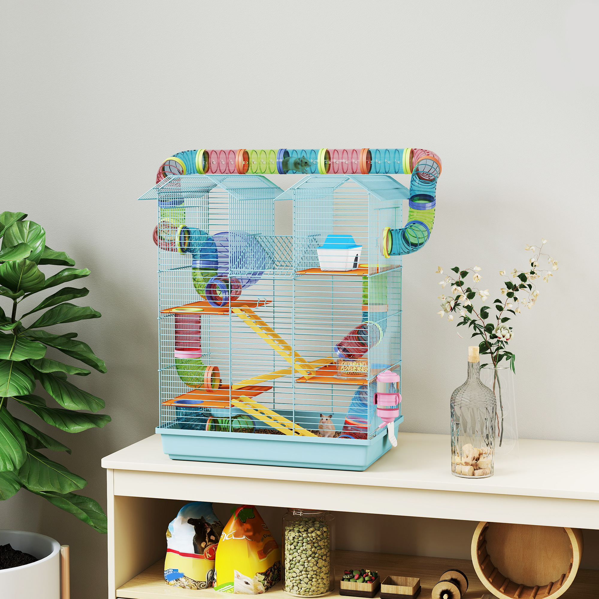 PawHut 18.5" Hamster Cage, 5 Tiers Small Animal House with Tunnel Tube System, Exercise Wheel, Water Bottle, Light Blue Aosom Canada