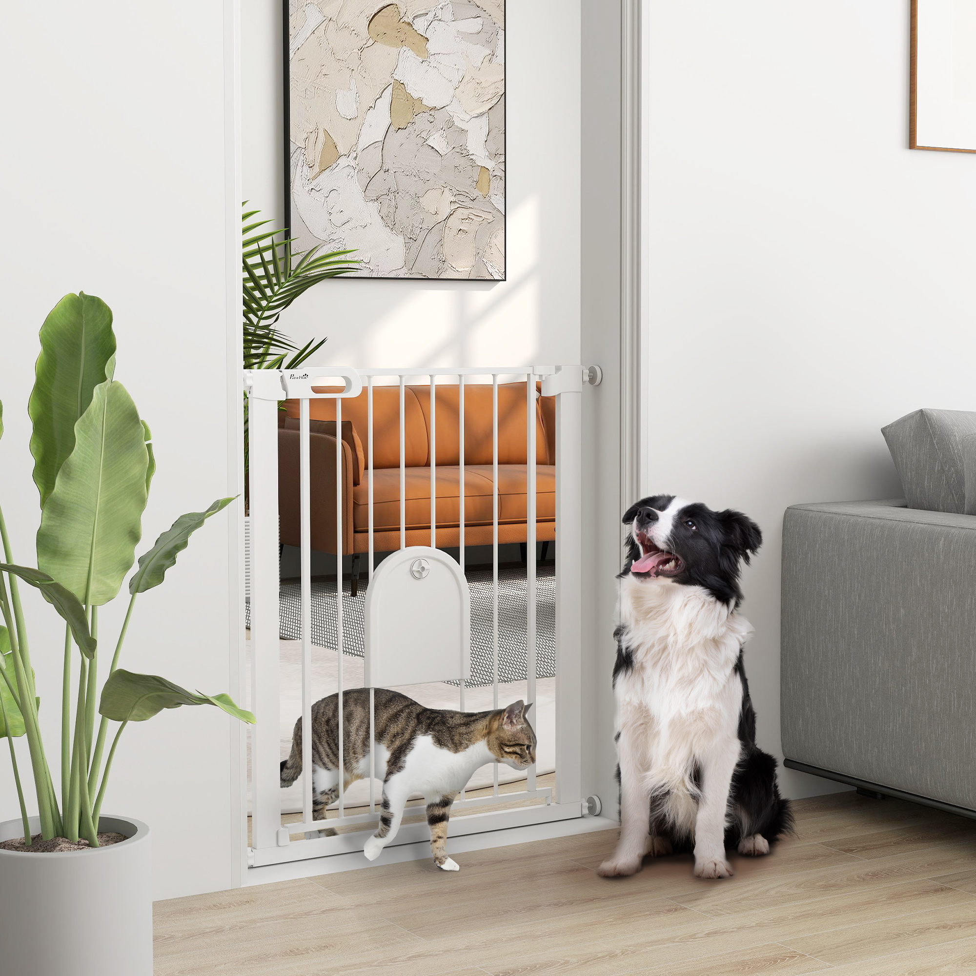 PawHut 30"-32" Extra Wide Pet Gate Barrier with Small Door, 35"H Dog Gate with Safety Gate Barrier, Stair Pressure Fit, White Aosom Canada