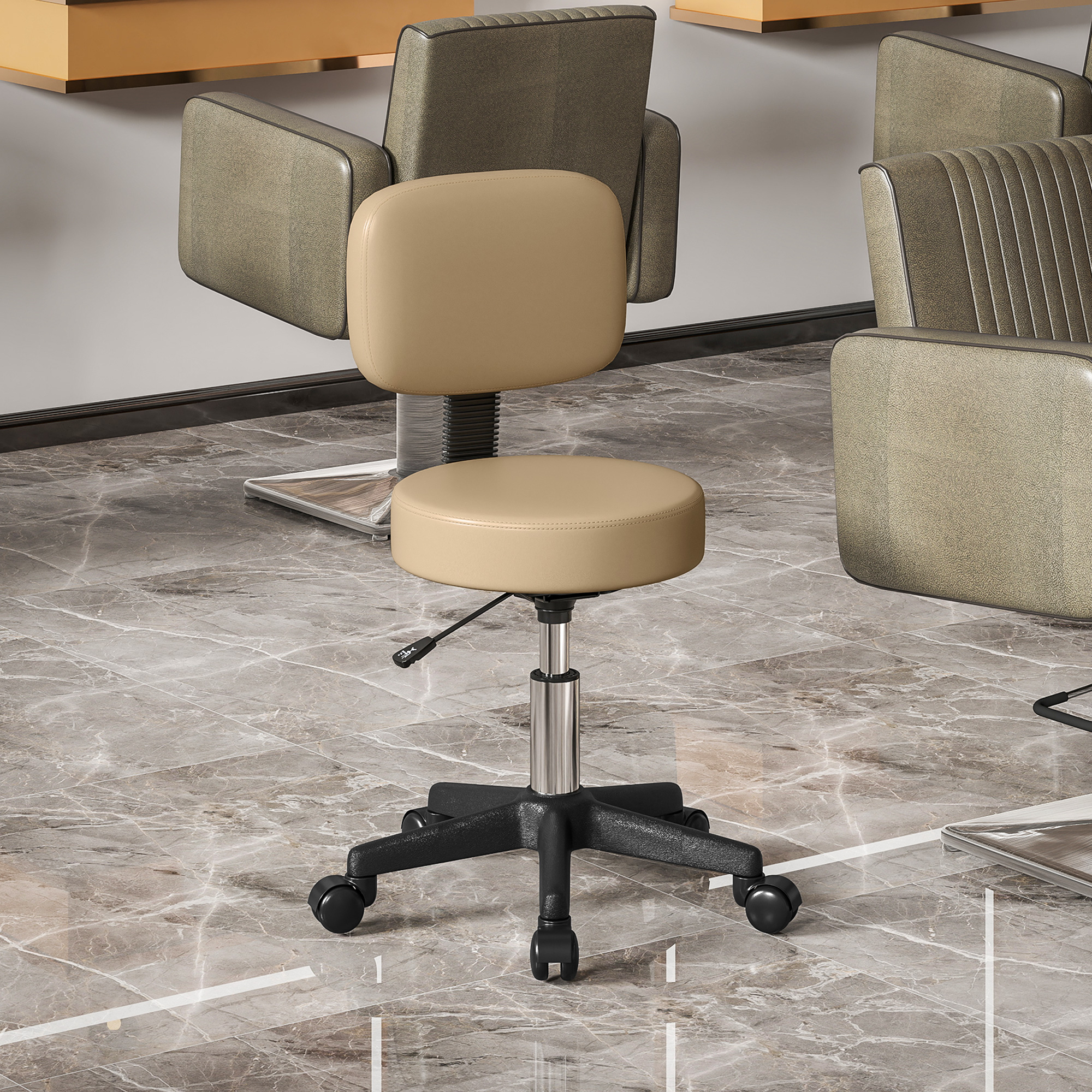 HOMCOM PU Leather Adjustable Rolling Stool, Round Swivel Drafting Stool with Back, Wheels, Light Brown Aosom Canada