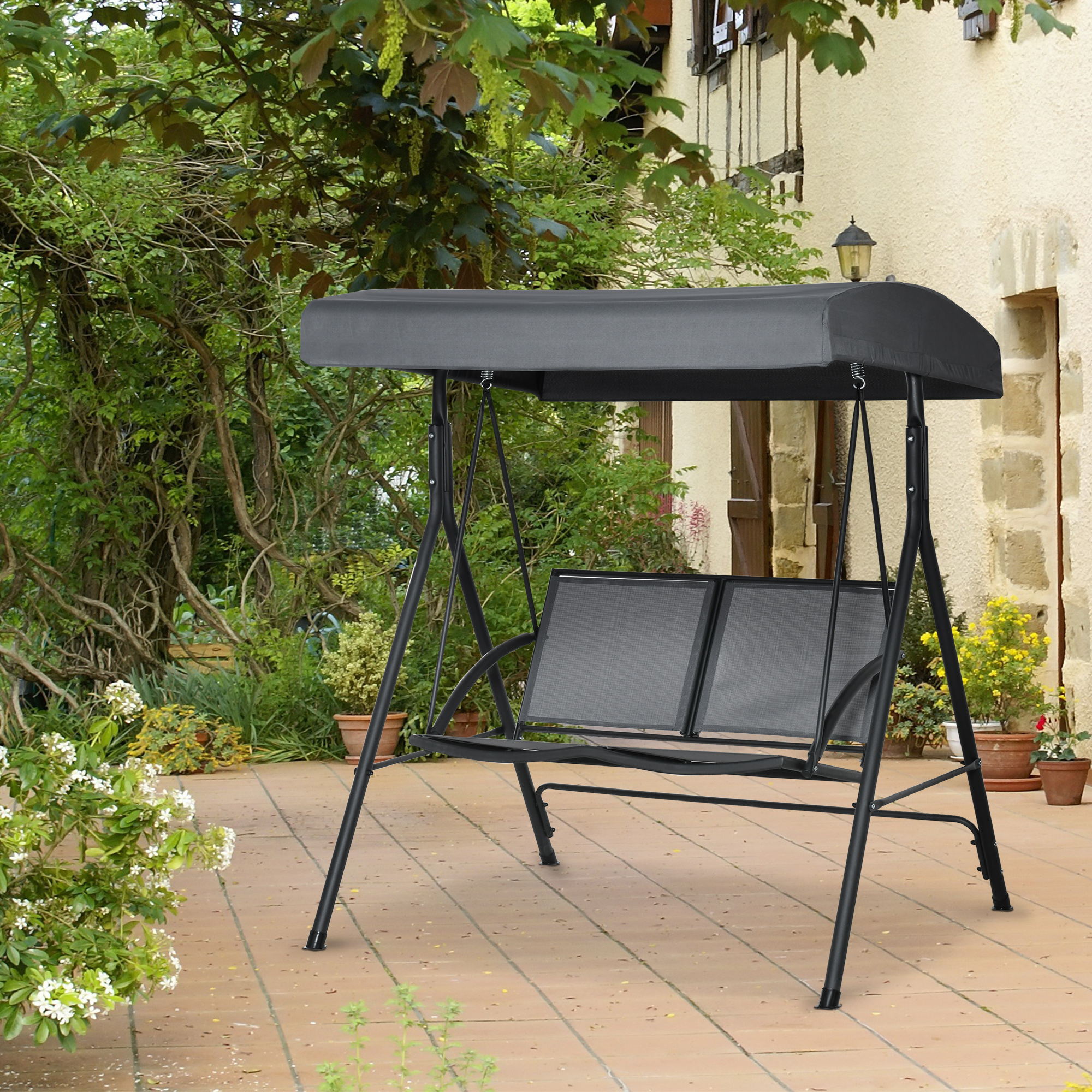 Outsunny 2-Seat Patio Swing Chair, Outdoor Porch Swing Glider w/ Tilting Canopy and Weather Resistant Steel Frame, Dark Grey Aosom Canada