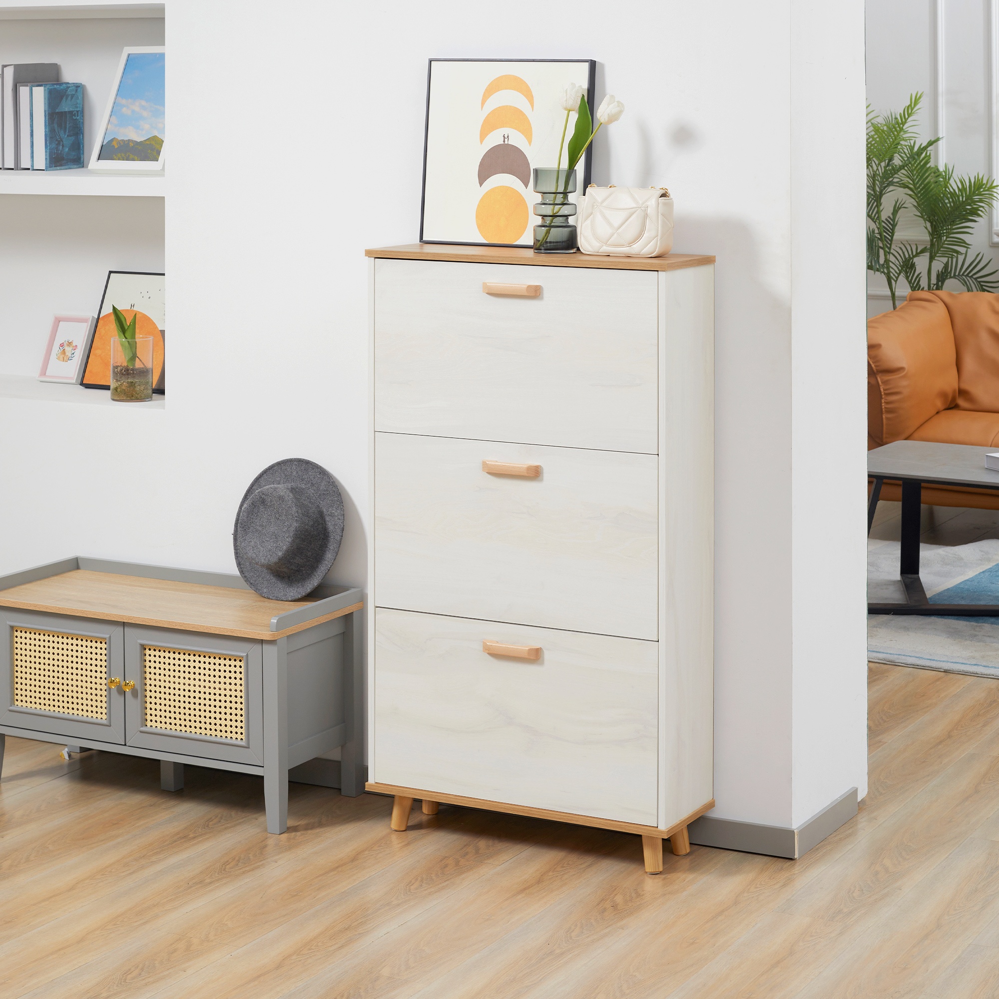 HOMCOM 12 Pair Modern Shoe Cabinet with 3 Flip Drawers Adjustable Shelf Storage Organizer Hallway Entryway White Aosom Canada