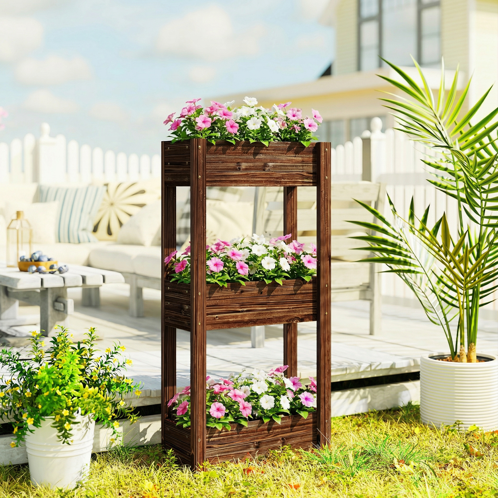 Outsunny 3-Tier Wooden Raised Garden Bed with Legs, 23.6" x 9.8" x 47.2" Elevated Planter Box with Drainage Holes and Bed Liner Aosom Canada