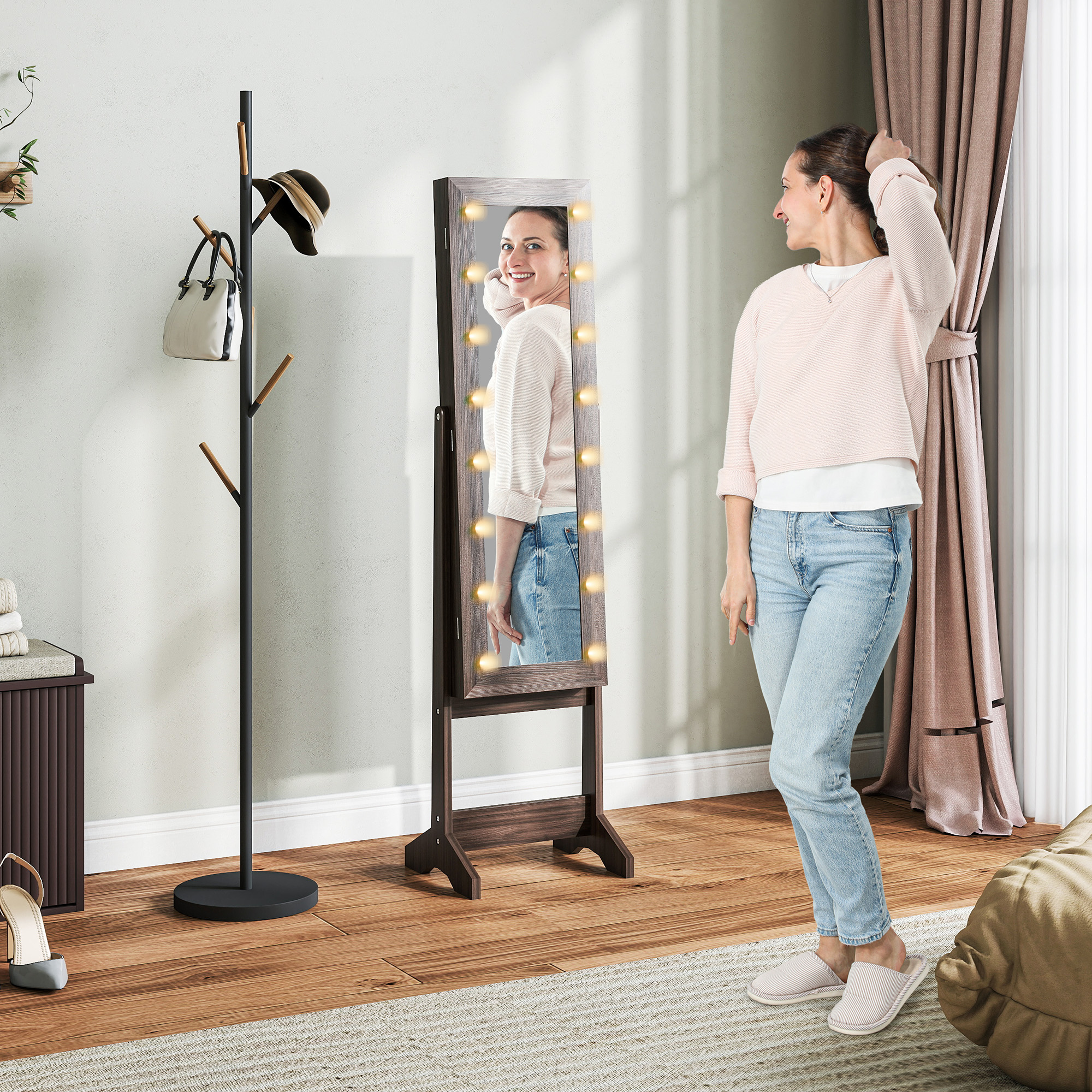 HOMCOM Free Standing Armoire Organizer, Lighted Mirrored Jewelry Cabinet w/ Angle Adjustable & 16 LED Lights, Dark Brown Aosom Canada