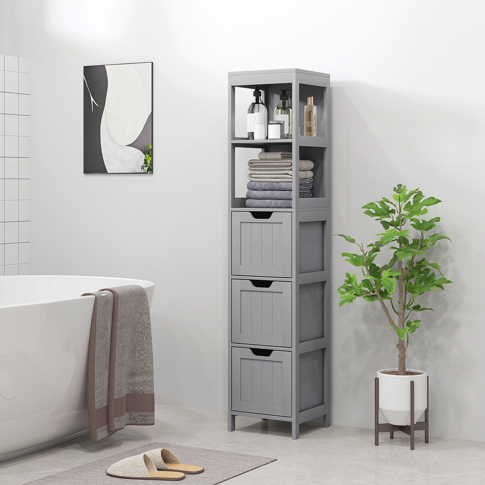 kleankin Narrow Bathroom Cabinet with 3 Drawers and 2 Tier Shelf, Tall Cupboard Freestanding Linen Tower, Grey Aosom Canada