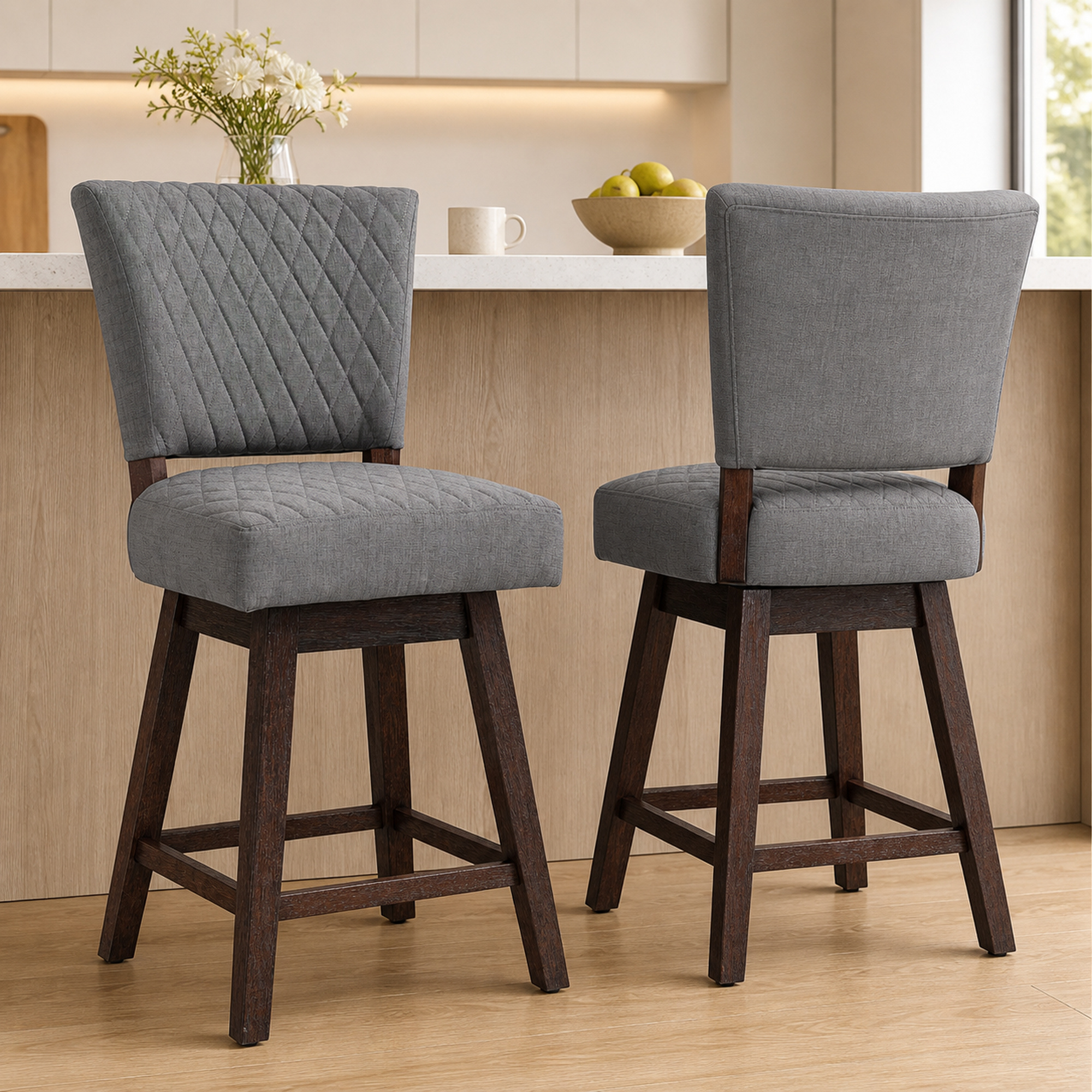 HOMCOM Swivel Bar Stools Set of 2 Counter Height with Back Rubber Wood Legs Footrests Kitchen Dining Room Pub Grey Aosom Canada
