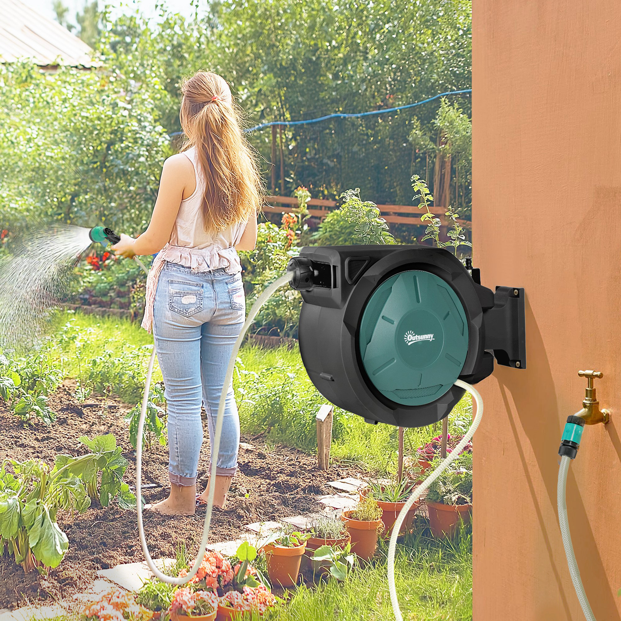 Outsunny 1/2 in x 65ft Wall Mounted Garden Hose Reel, Retractable Water Hose Reel with Auto Rewind, Any Length Lock, Blue Aosom Canada