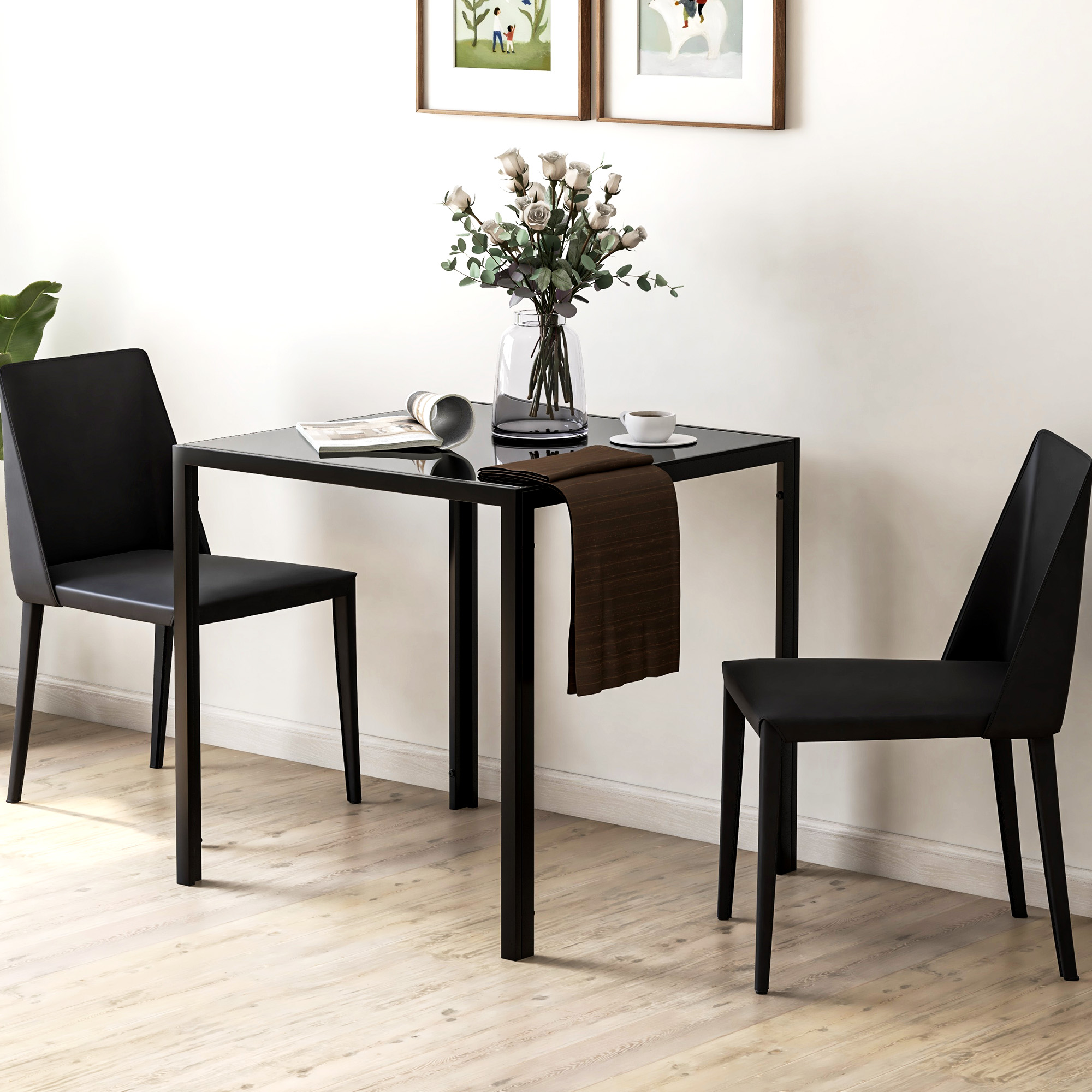 HOMCOM Square Kitchen Table for 2-4 People, Dining Table with Glass Top and Steel Legs for Dining Room, Black Aosom Canada