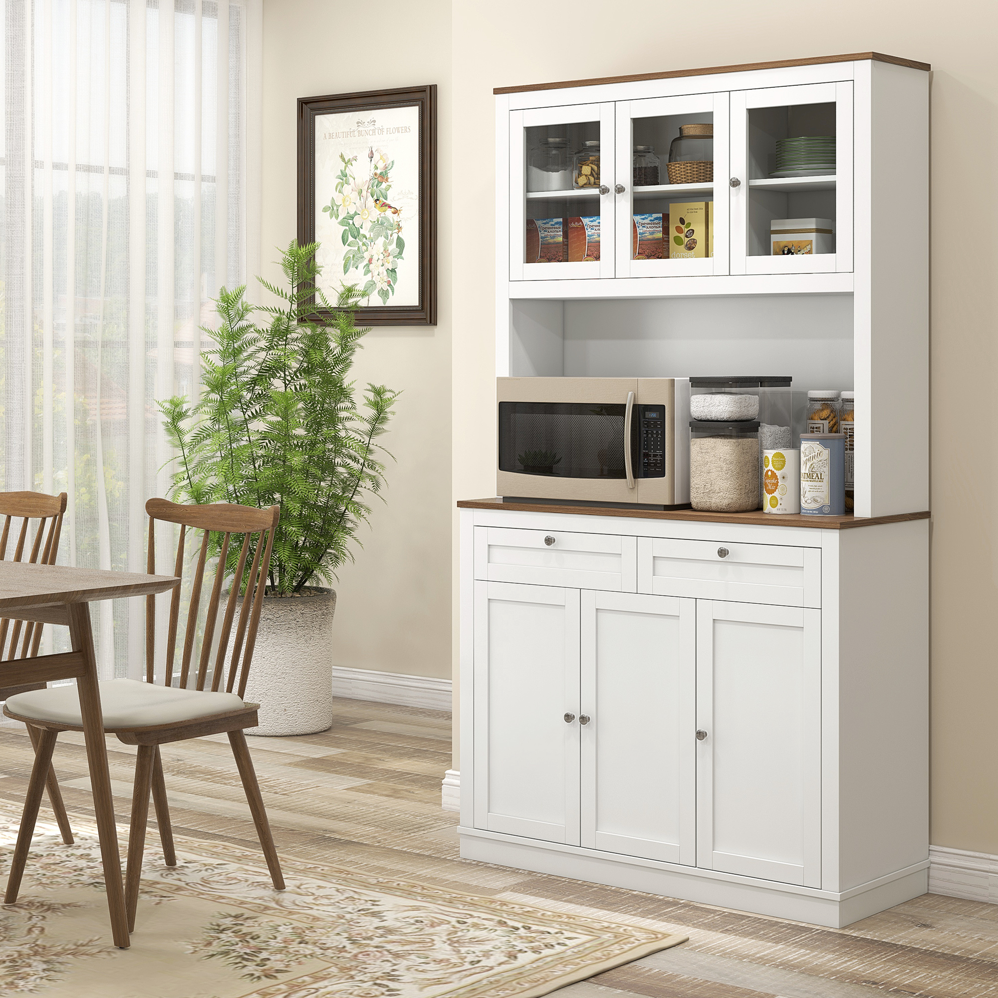 HOMCOM 71" Kitchen Pantry Cabinet, Glass-Door Cabinets in Pantry with 2 Drawers Adjustable Shelves Microwave Space White Aosom Canada