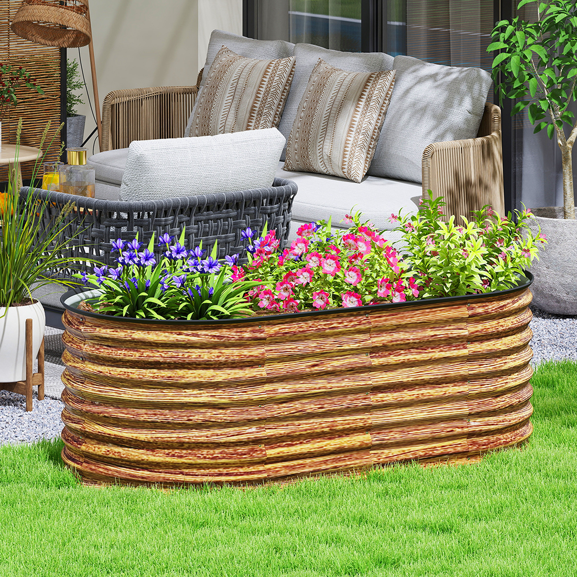 Outsunny 5 x 2.5 x 2 ft Galvanized Raised Garden Bed, Easy DIY Oval Planter Box with Safety Edging and Gloves, Brown Wood Effect Aosom Canada