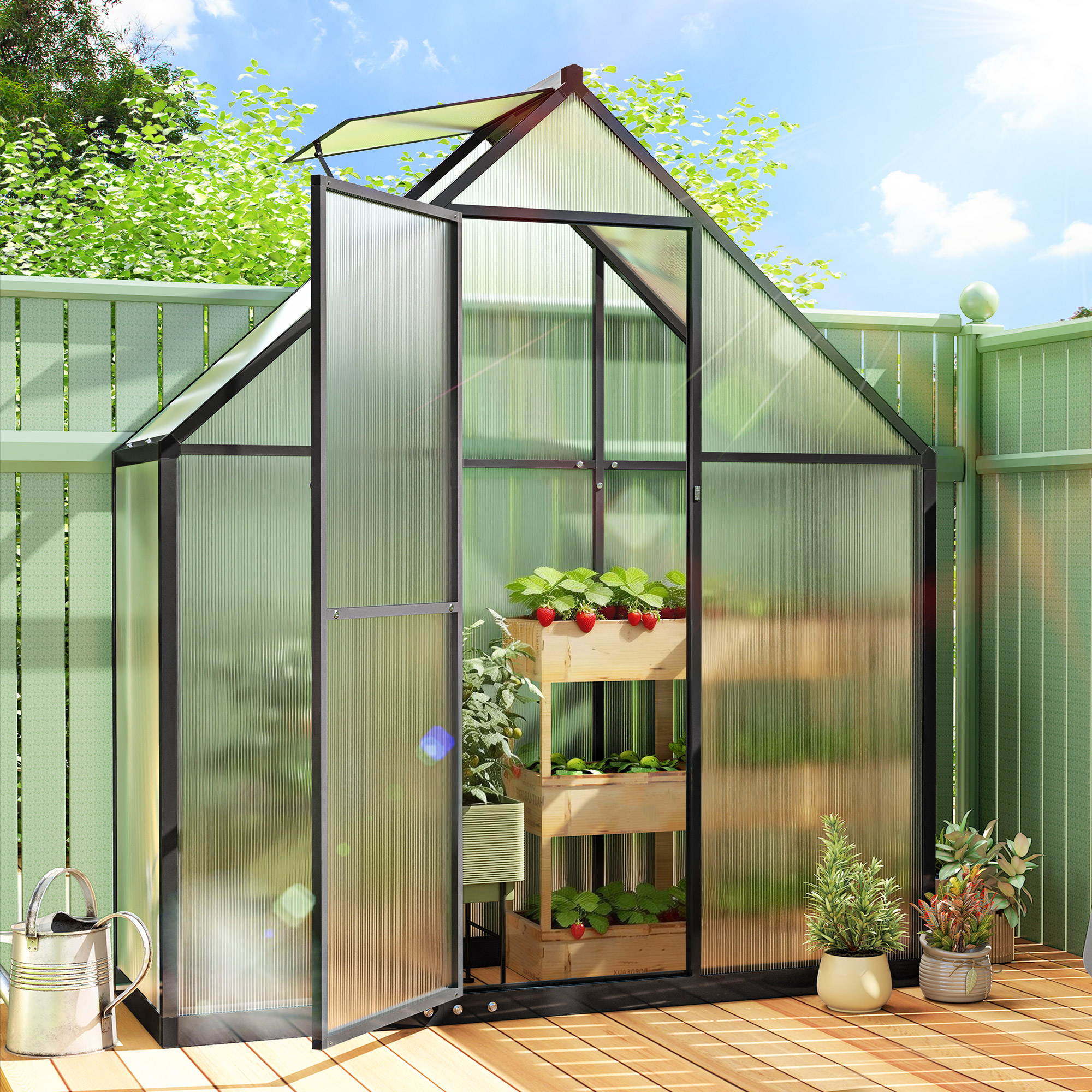 Outsunny Polycarbonate Greenhouse Walk-in Greenhouse with Swing Door and Adjustable Window, 5.5 x 6.5ft, Black Aosom Canada