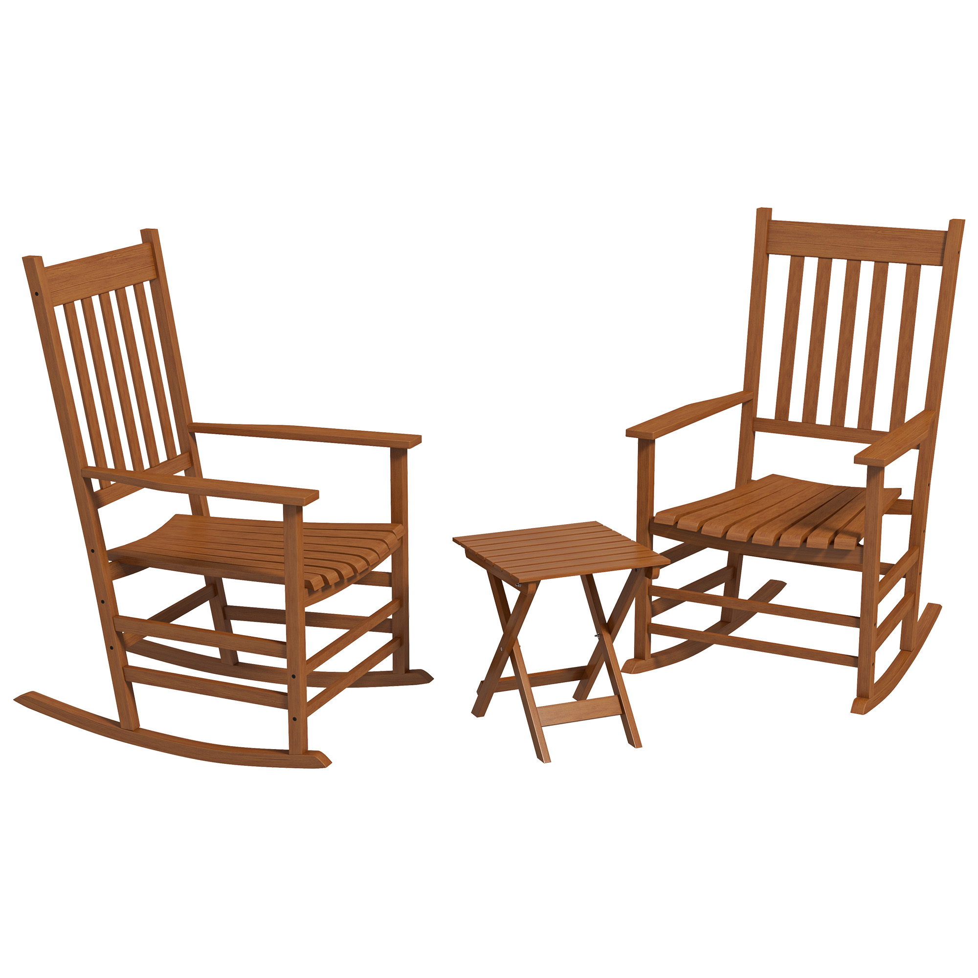 Outsunny Wooden Rocking Chair Set, Curved Armrests, High Back, Slatted Top Table Outdoor Rocker Set, Teak