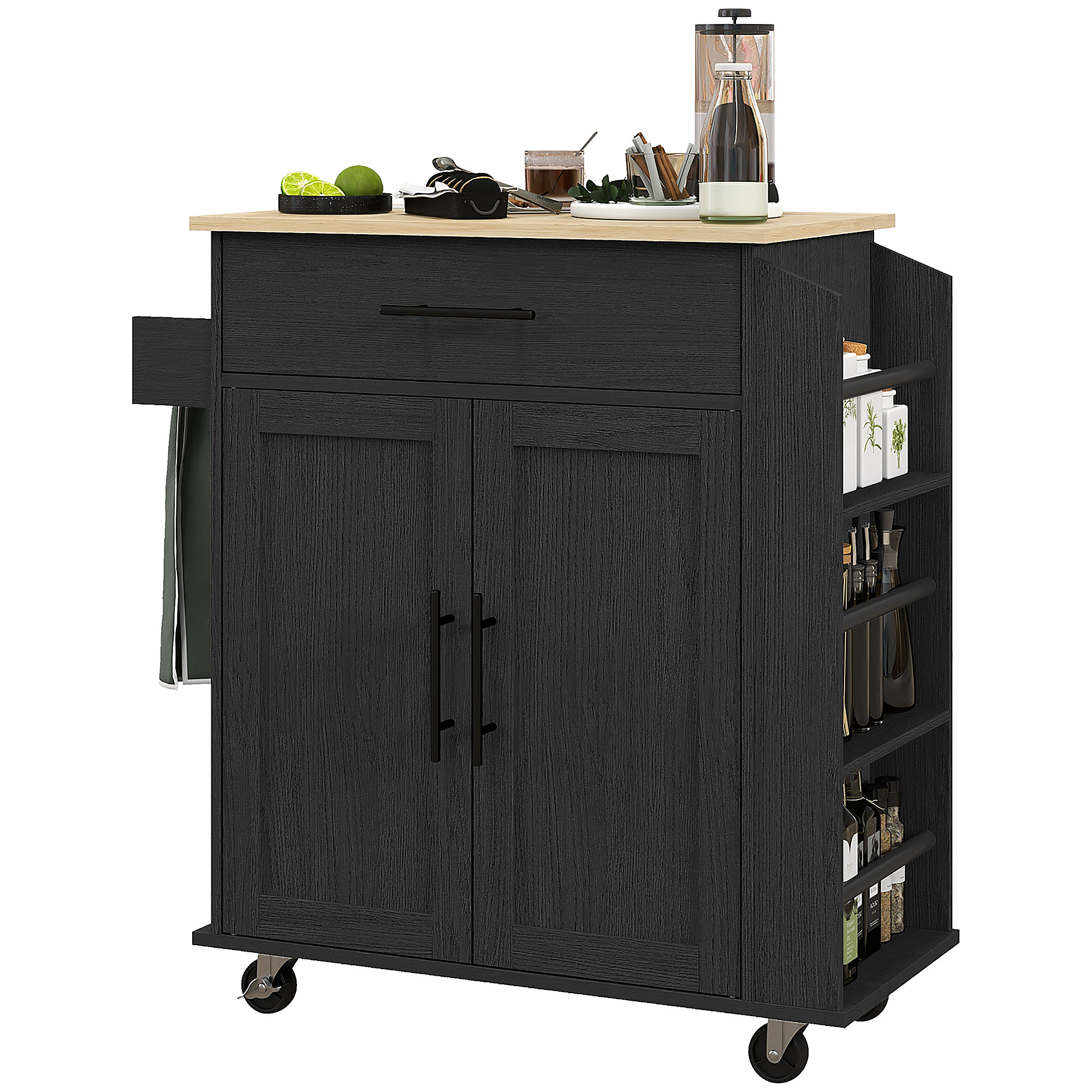 HOMCOM Portable Kitchen Island, Charging Kitchen Storage Island w/ Wheels, Spice Rack & Drawer, Kitchen Cart for Home, Black | Aosom.com