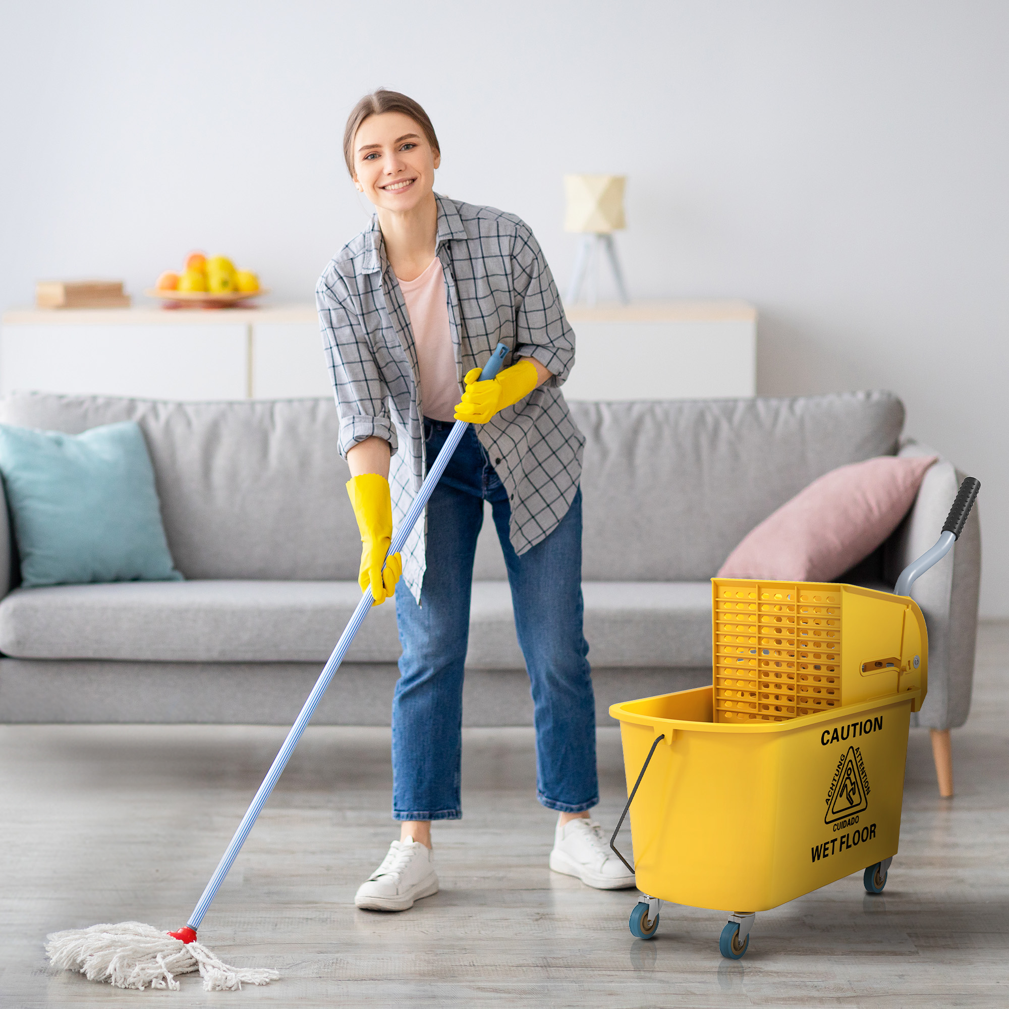 HOMCOM Mop Bucket with Wringer on Wheels for Floor Cleaning, 21 Quart Side Press Wringer with Handle and Mop, Yellow Aosom Canada
