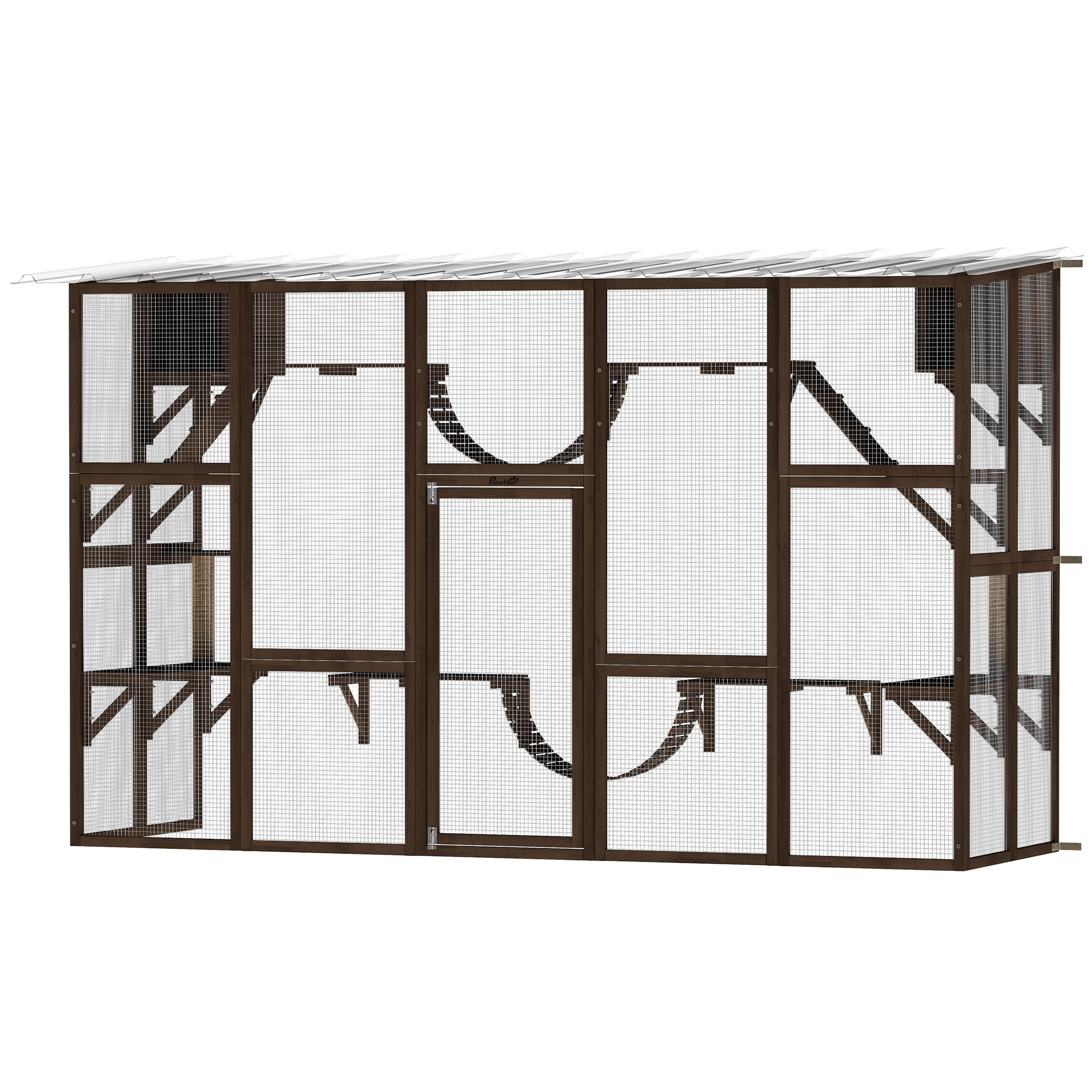 PawHut Catio Playground Cat Window Box Outside Enclosure for Multiple Cats w/ Shelves & Bridges, Coffee Brown