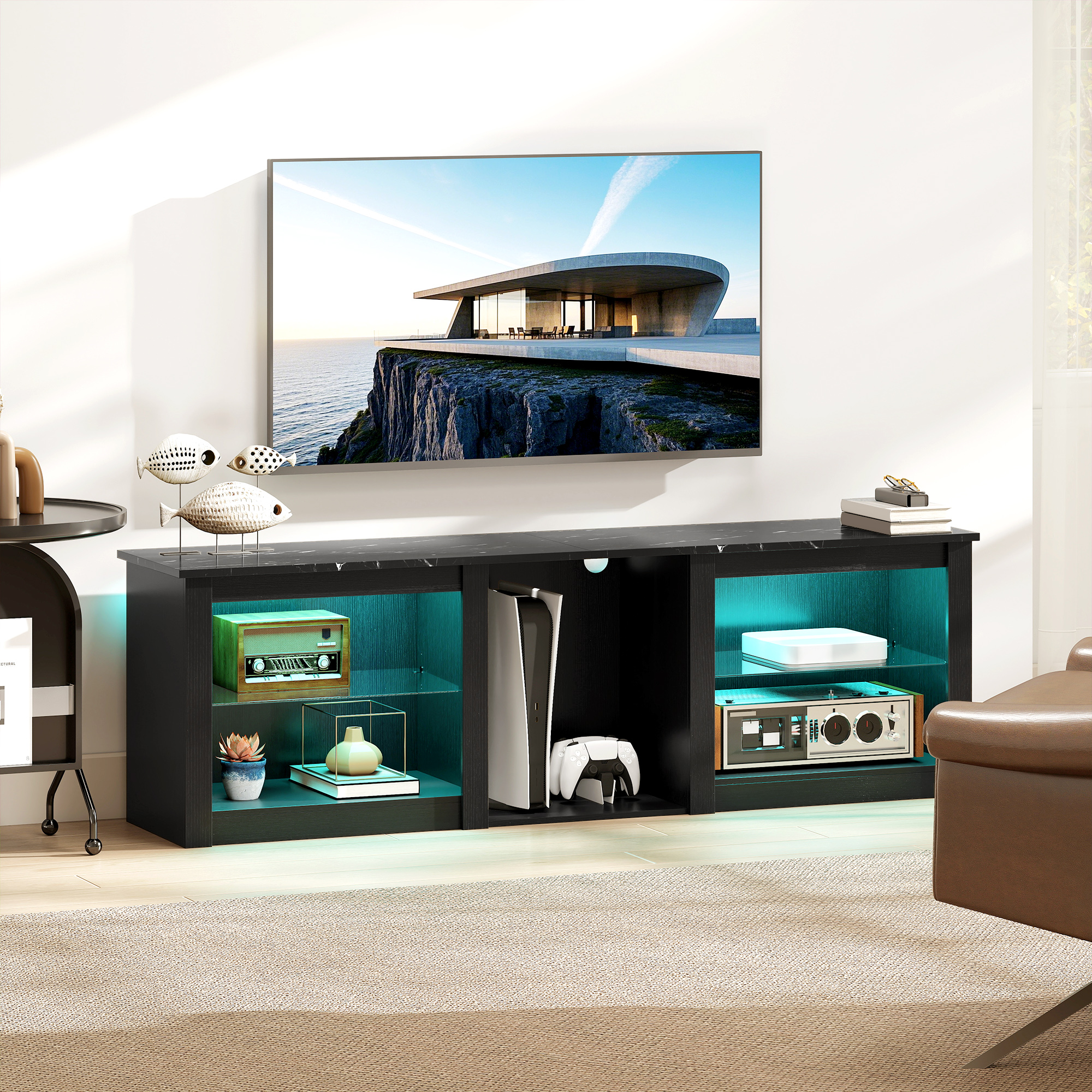 HOMCOM TV Stand with LED Lights, Modern Entertainment Center with Adjustable Glass Shelves, for TVs up to 65 Inch, Black Aosom Canada