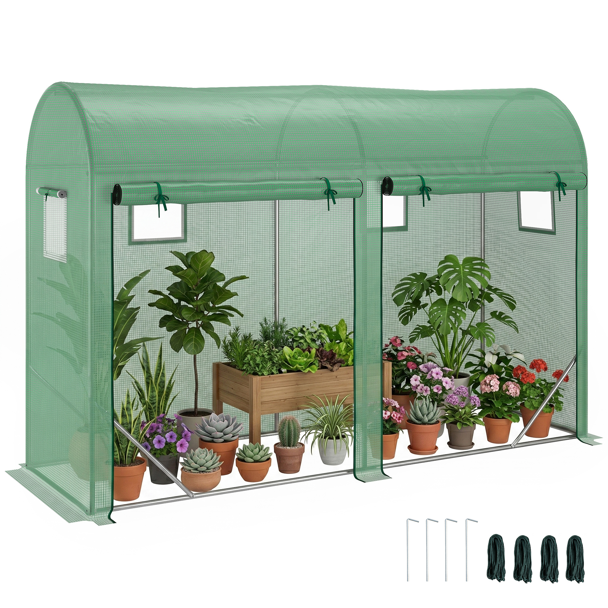 Outsunny 10' x 3' x 7' Walk-in Lean-to Greenhouse, Steel, 4 Zipper Roll-up Windows & 2 Doors, UV Protecting PE Cover, Green