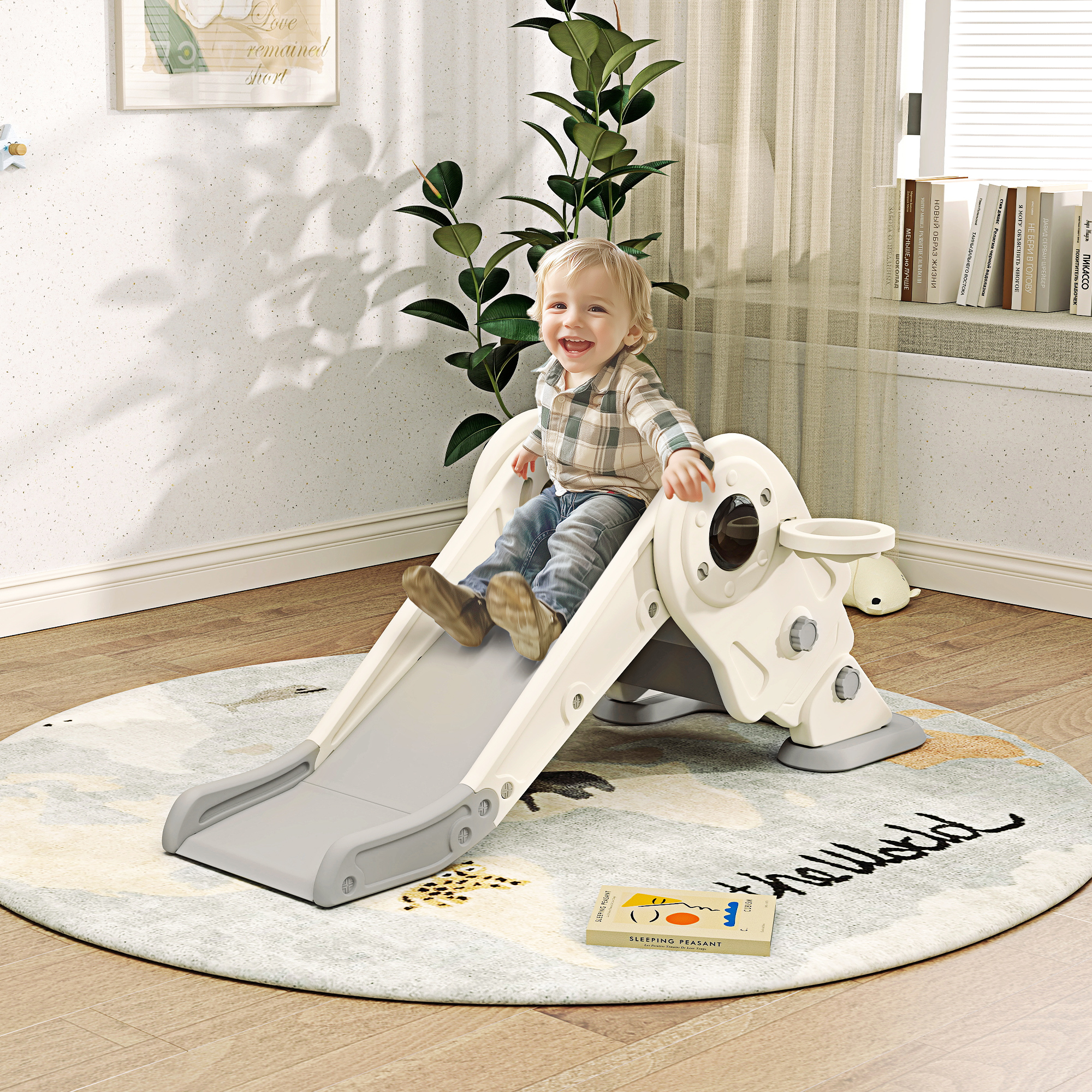 Qaba 3 in 1 Toddler Slide, Foldable Kids Slide with Basketball Hoop, Climber, Anti-Slide Step for Ages 2-5, Cream White Aosom Canada