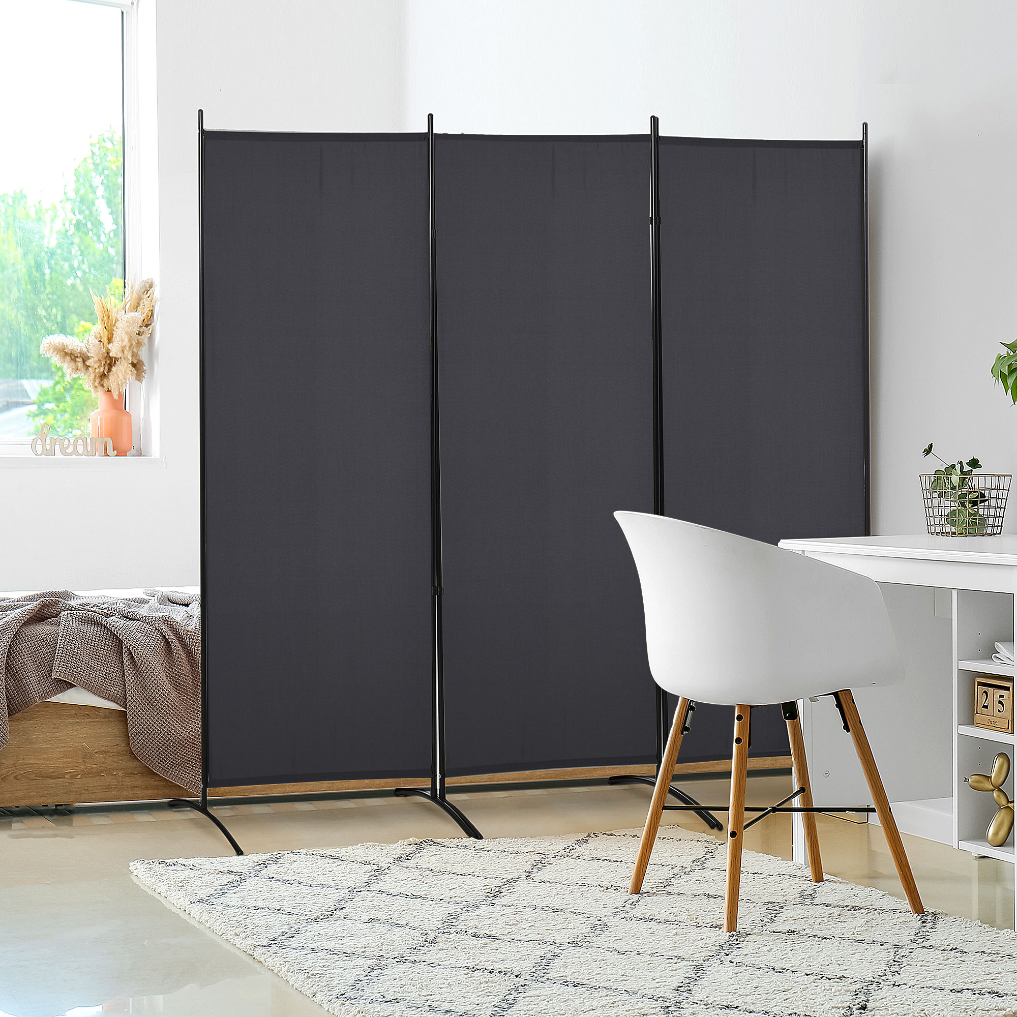 HOMCOM 6' 3-Panel Room Divider Double Hinged Folding Wall Privacy Screen for Indoor Home Office, Charcoal Grey Finish Aosom Canada