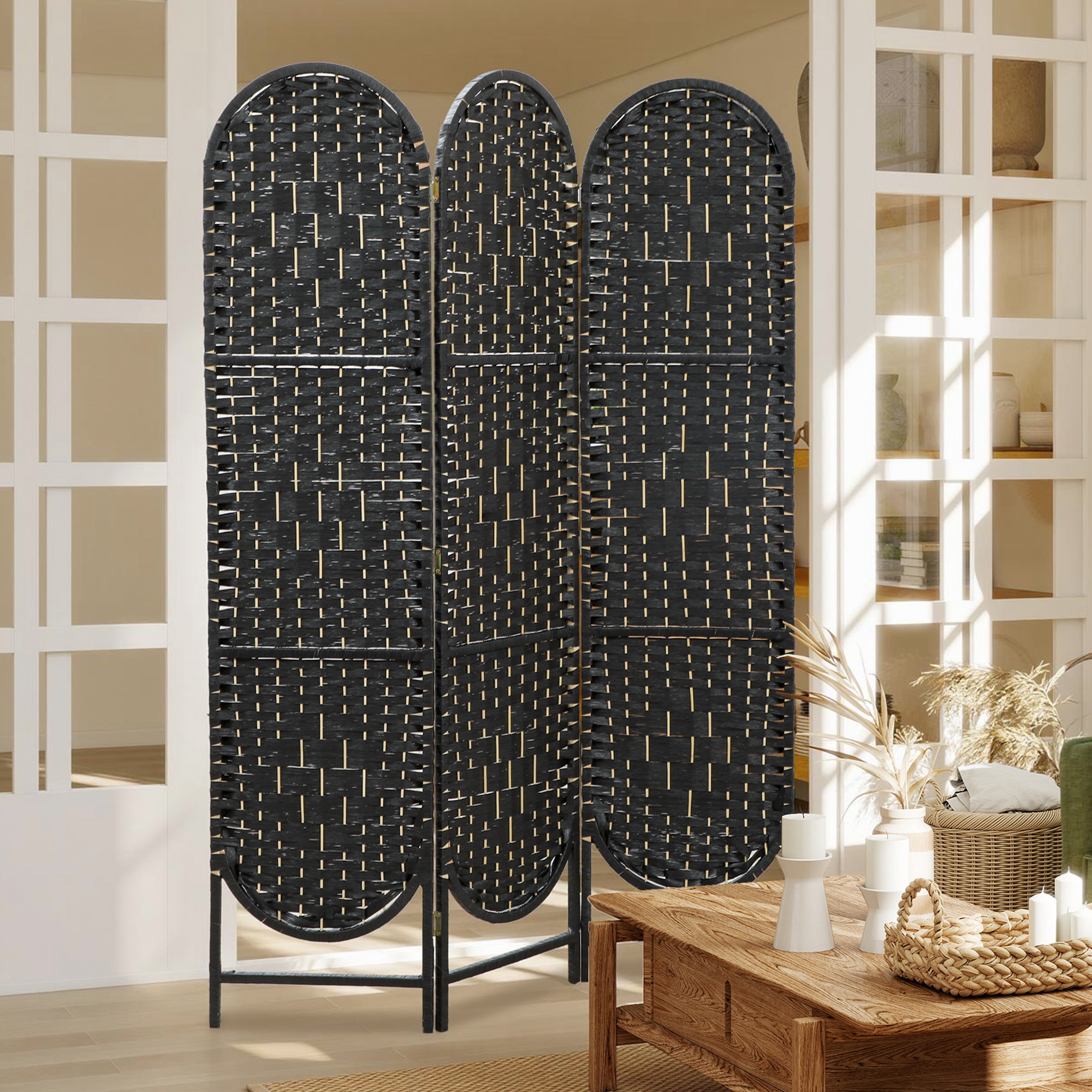 HOMCOM Bohemian Privacy Screen, Folding Room Divider with 3 Panels and Arched Top for Bedroom Living Room Office, Black Aosom Canada