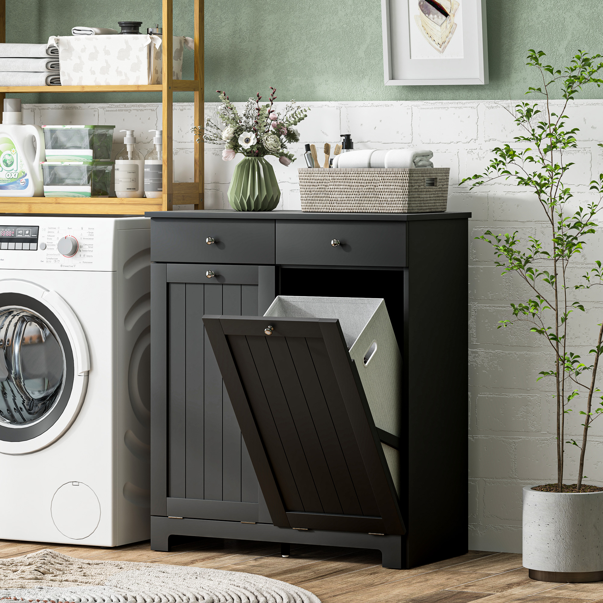 HOMCOM Laundry Cabinet, Tilt Out Laundry Hamper Cabinet with 2 Baskets, Bathroom Hamper Cabinet with 2 Drawers, Black Aosom Canada