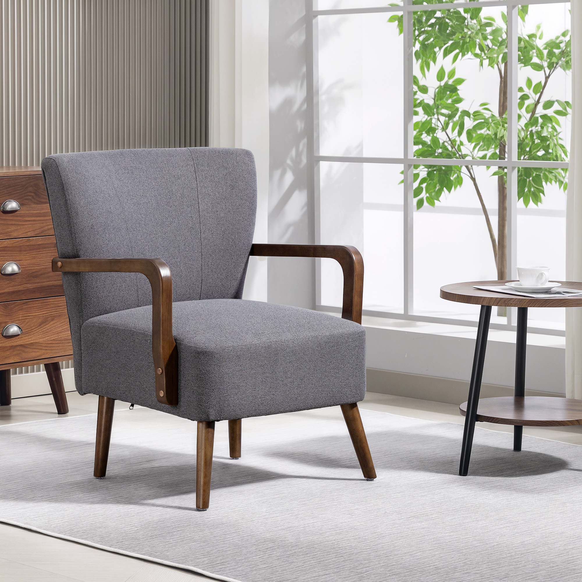 HOMCOM Accent Chair with Wooden Legs, Linen Fabric Armchair with Thick Padding, Comfy Chair for Living Room, Dark Grey Aosom Canada