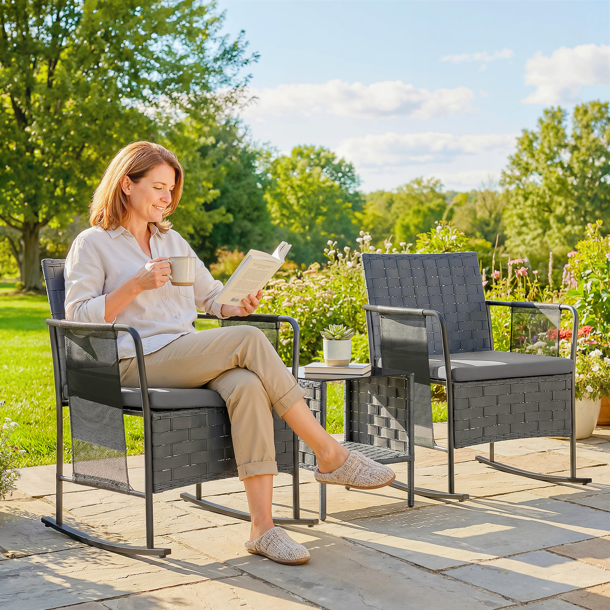 Outsunny 3 Pieces Rocking Bistro Set Outdoor Patio Furniture Set with Side Pockets, Mesh Seat, Cushions, 2-Tier Table, Grey Aosom Canada