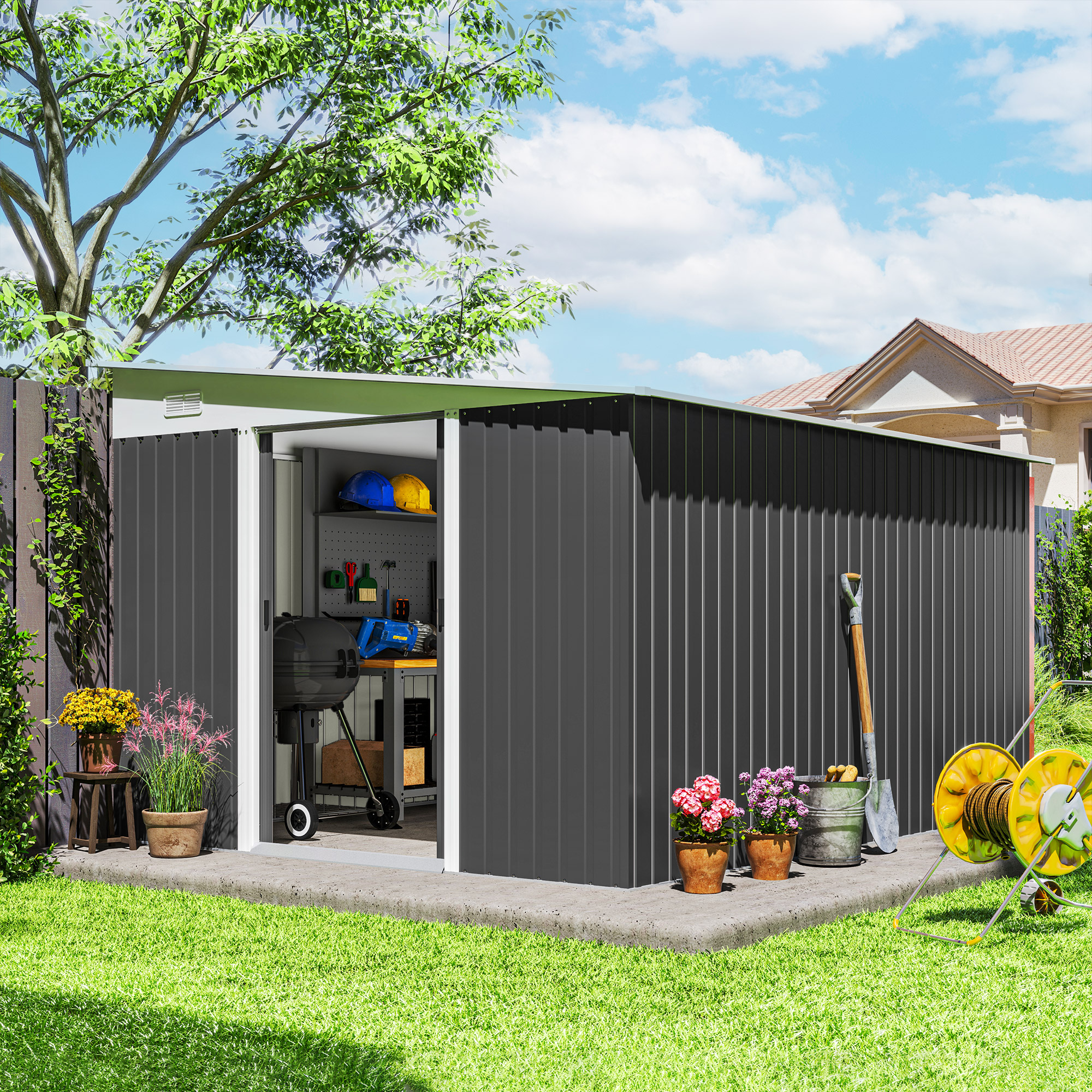 Outsunny 11' x 9' Steel Garden Storage Shed, Outdoor Metal Tool House with Double Sliding Doors, Dark Grey Aosom Canada