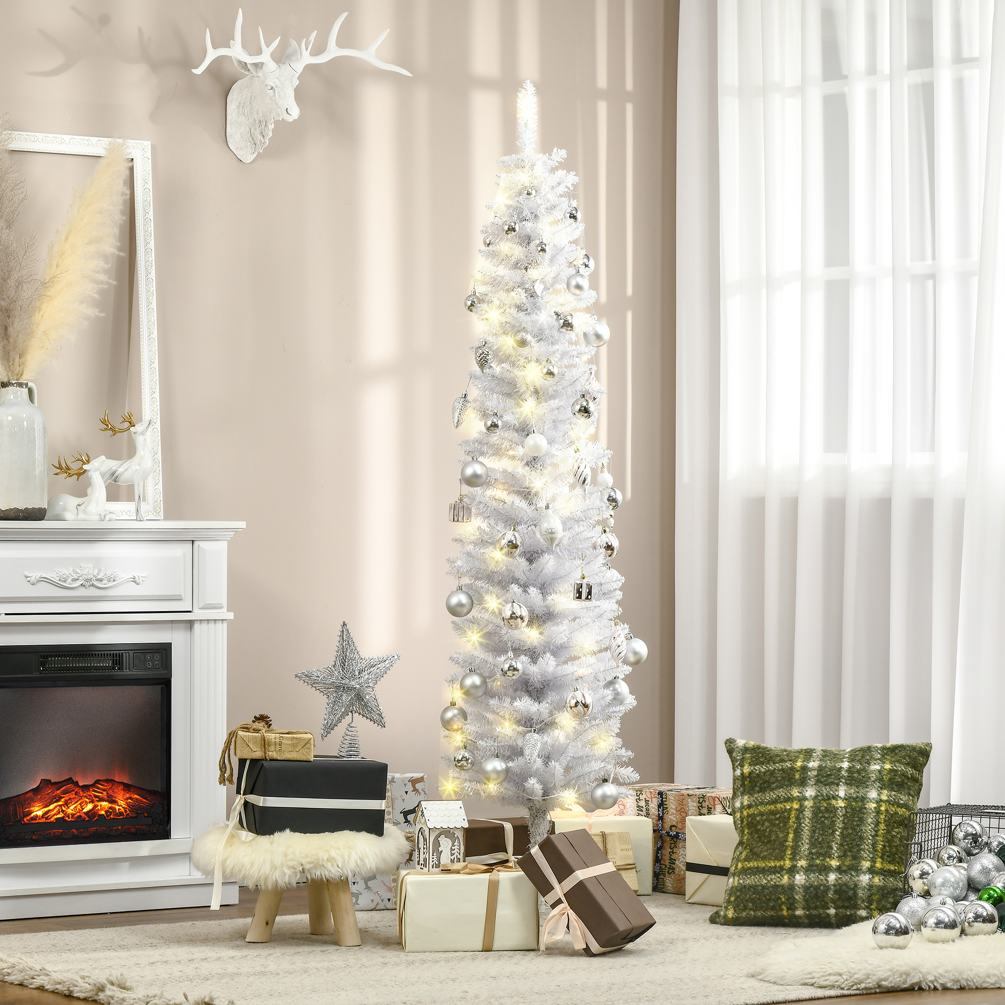 HOMCOM 6 ft. Tall Pre-lit Pencil Artificial Christmas Tree, Holiday Décor with 395 Realistic Branches,100 LED Lights,Foldable Metal Base Aosom Canada