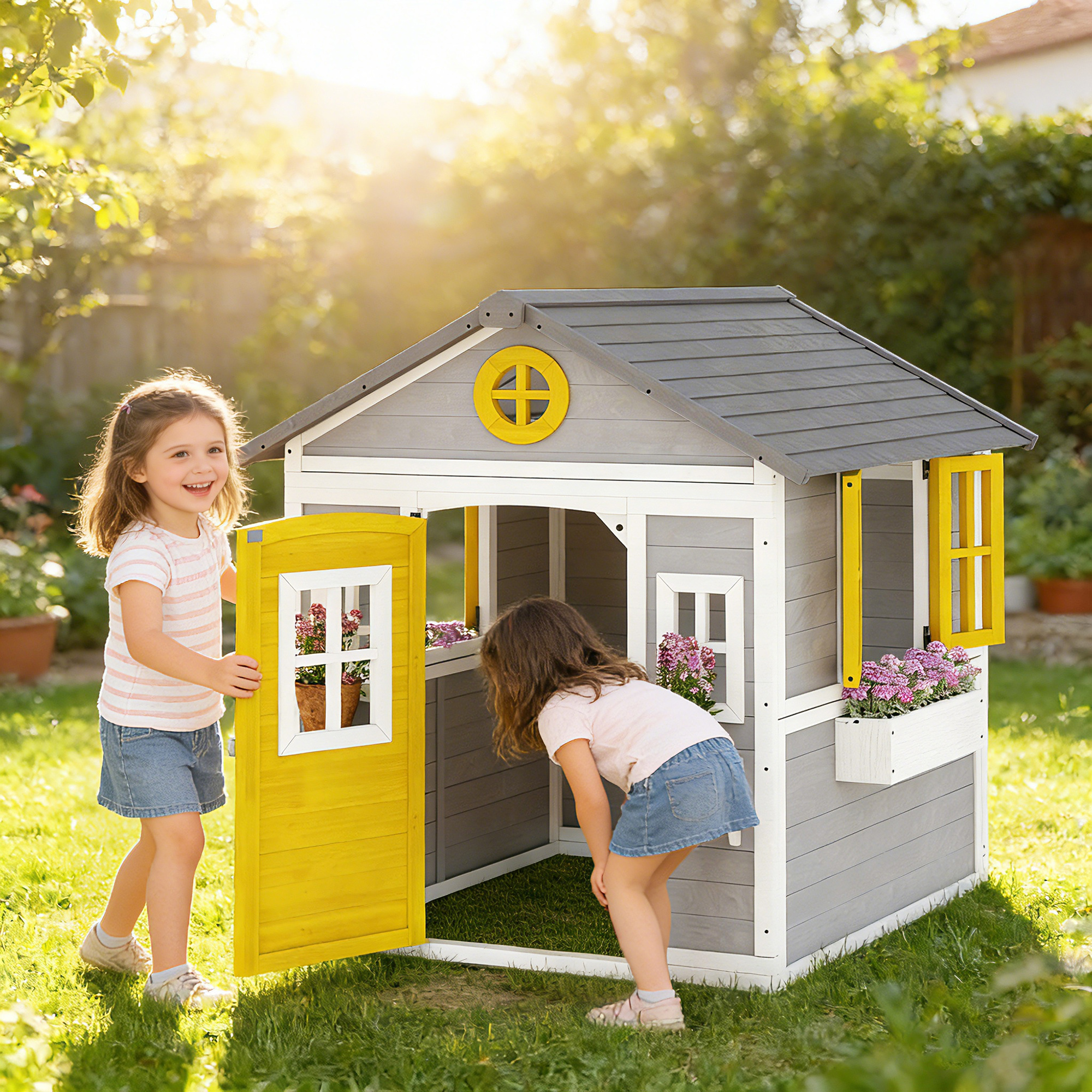 Outsunny Wooden Playhouse for Kids Outdoor with Door, Windows, Planter Pots and Boxes for Toddlers 3-8 Years, Grey Aosom Canada