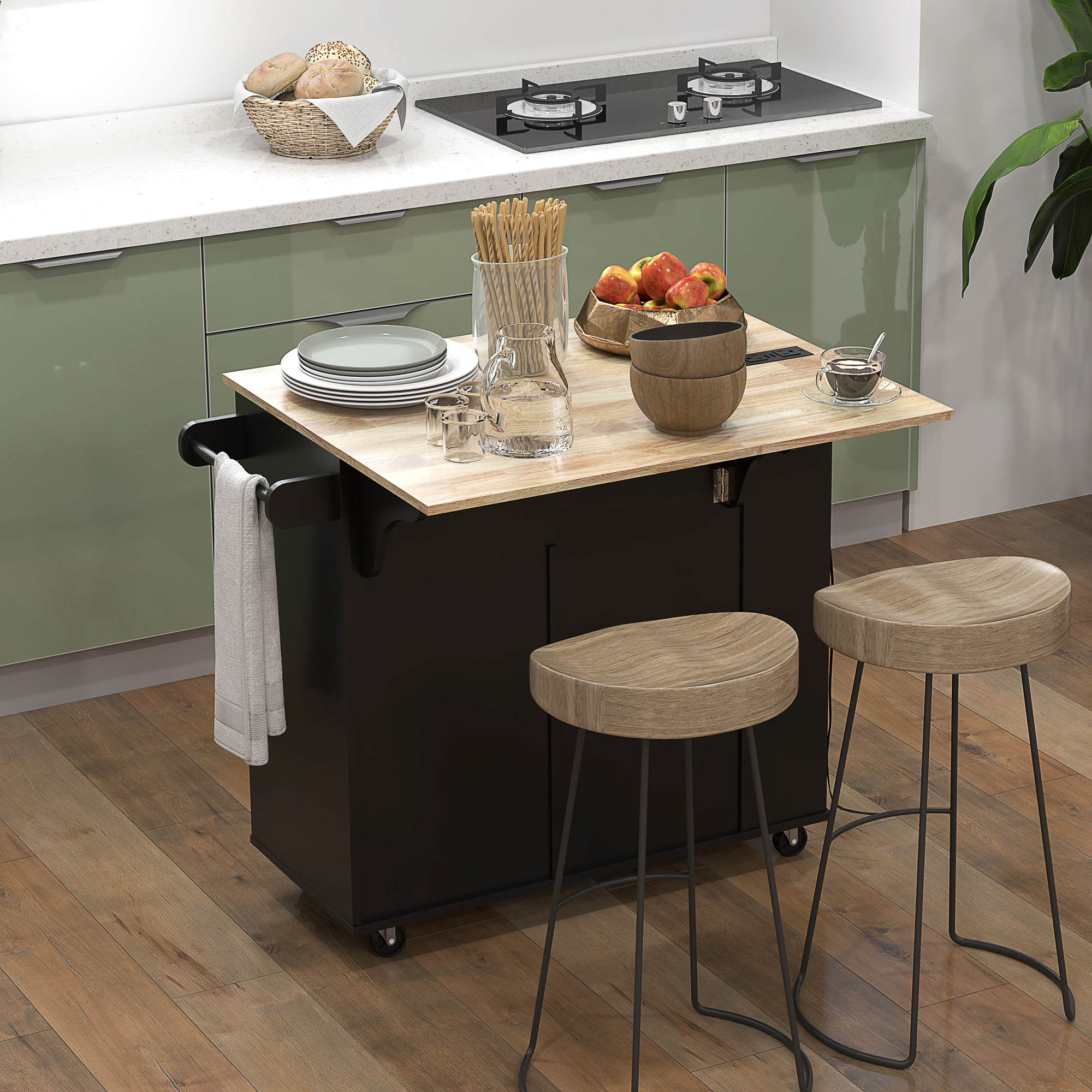 HOMCOM Kitchen Island with Power Outlet and Drop Leaf, Rolling Kitchen Cart with 2 Drawers and Adjustable Shelves, Black Aosom Canada