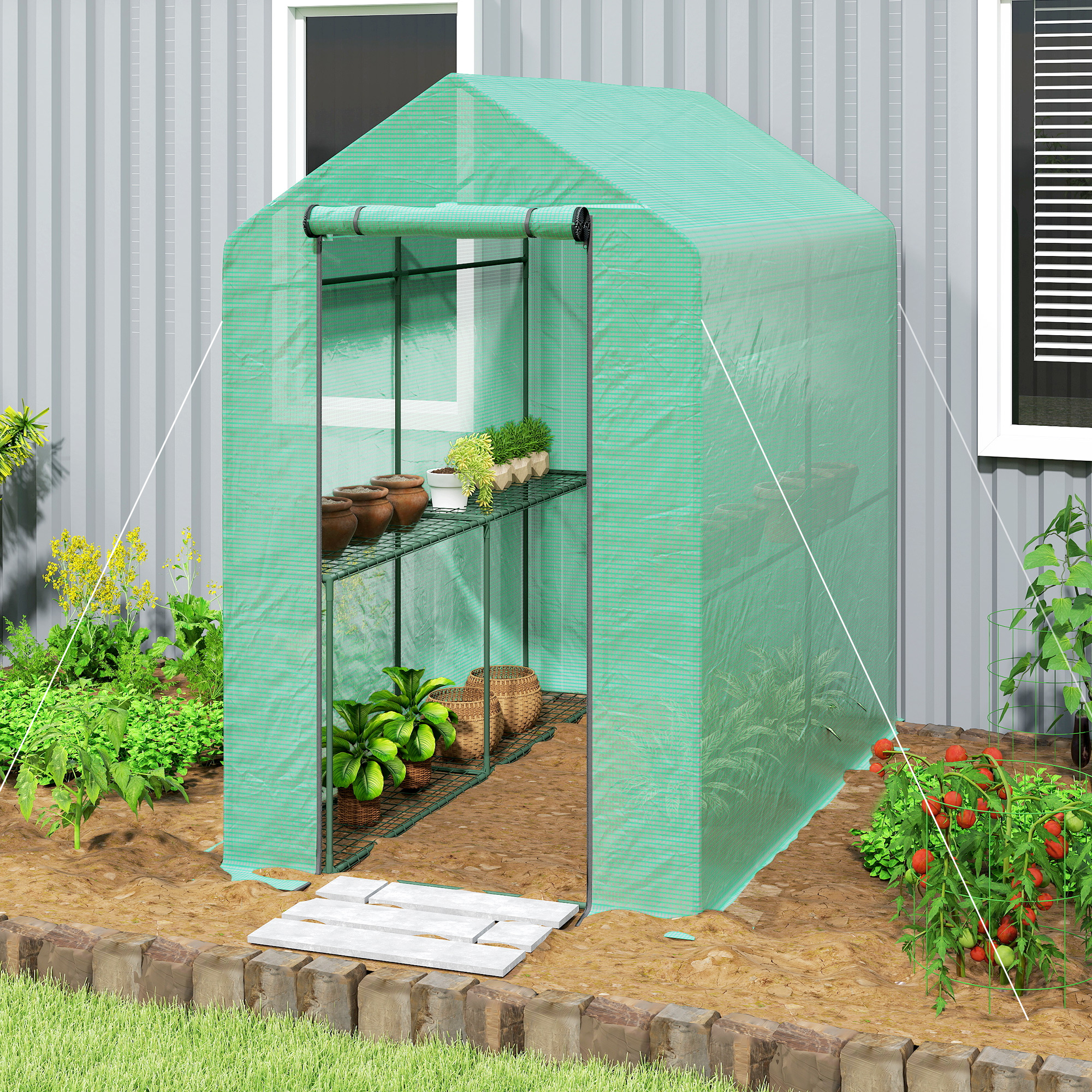 Outsunny Walk-in Greenhouse Outdoor Portable Plant Flower Growth Warm House with Roll-up Door, 73" x 47" x 75", Green Aosom Canada