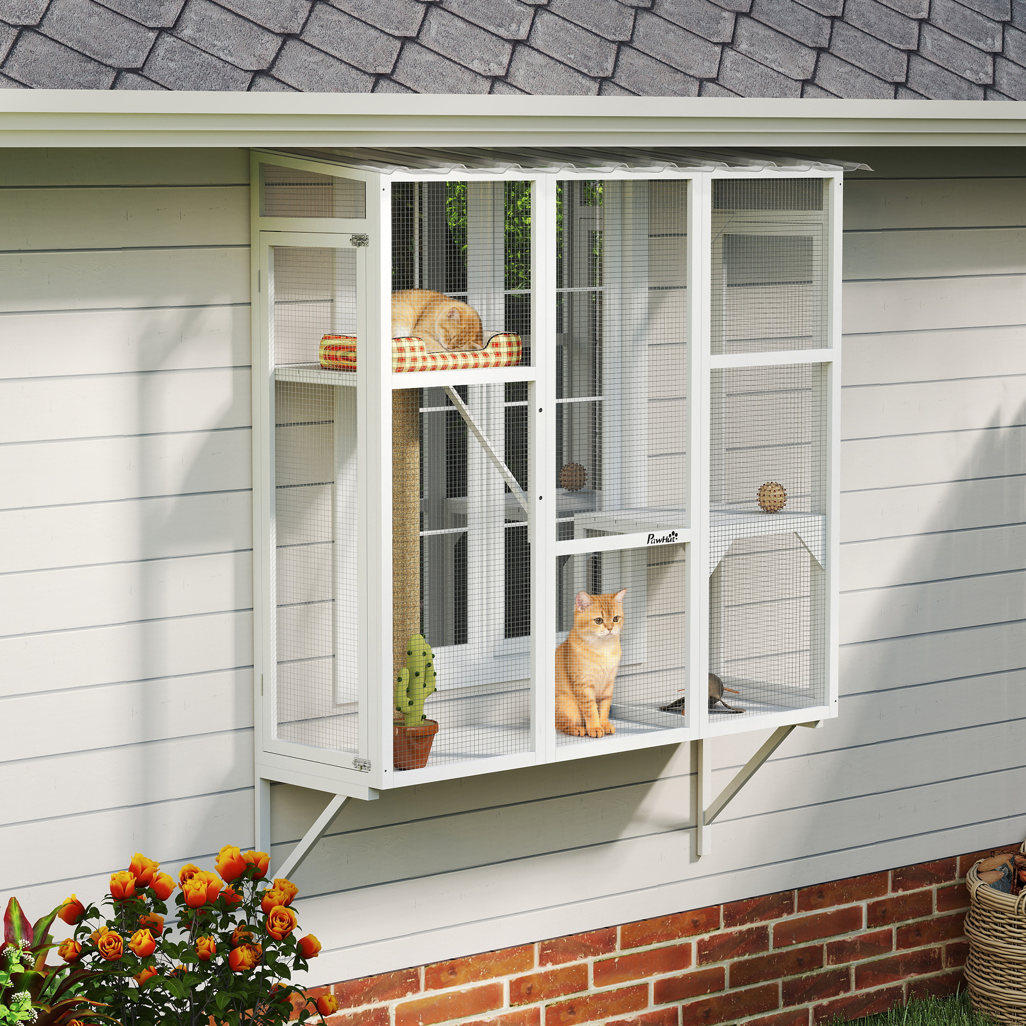 PawHut Wooden Catio Outdoor, Cat Window Box Enclosure for 2-3 Large Cats with 2 Jumping Platforms & Scratching Post, White Aosom Canada