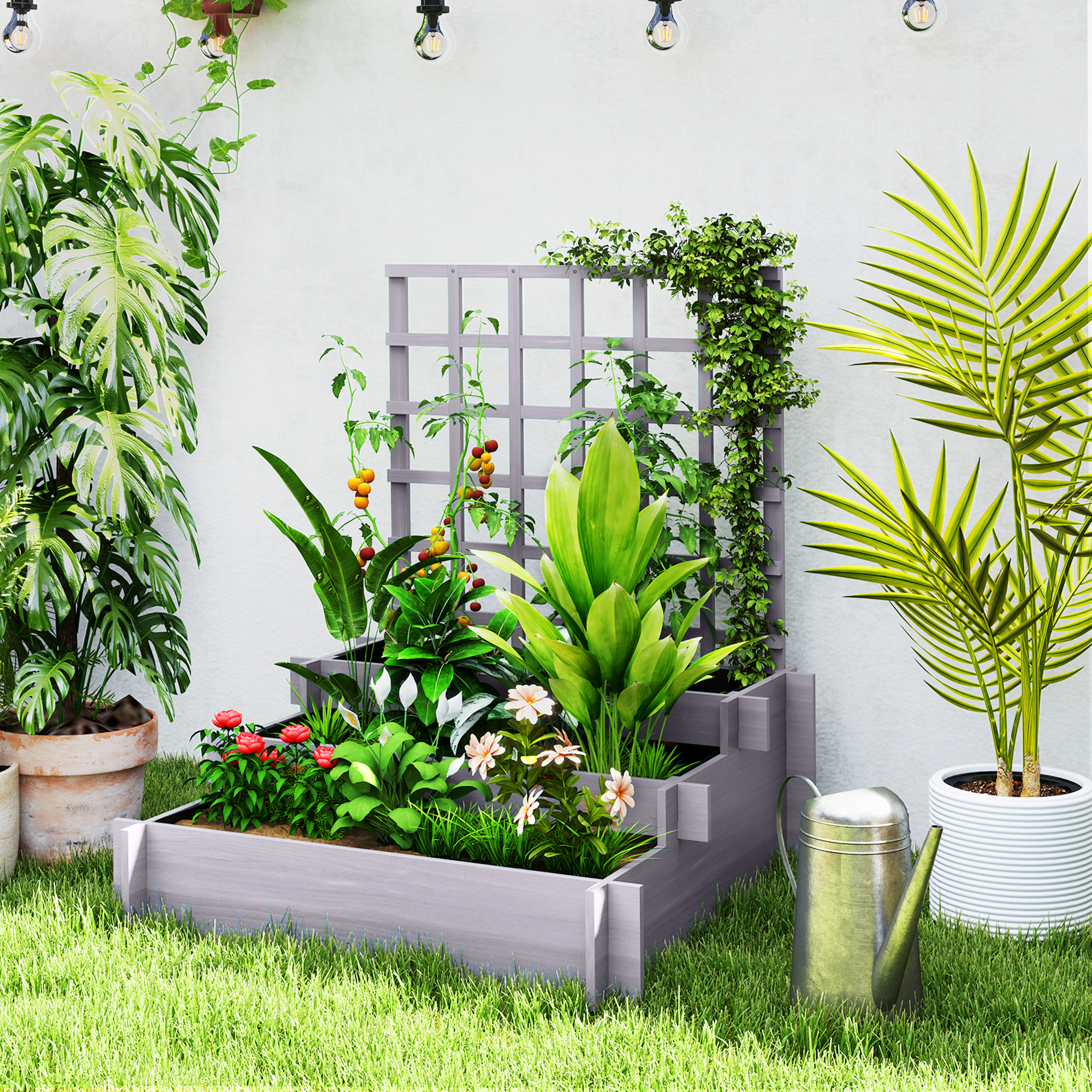 Outsunny Wooden Elevated Planter Box with Trellis for Climbing Plants, 3 Tier Raised Garden Bed for Garden, Outdoor, Grey Aosom Canada
