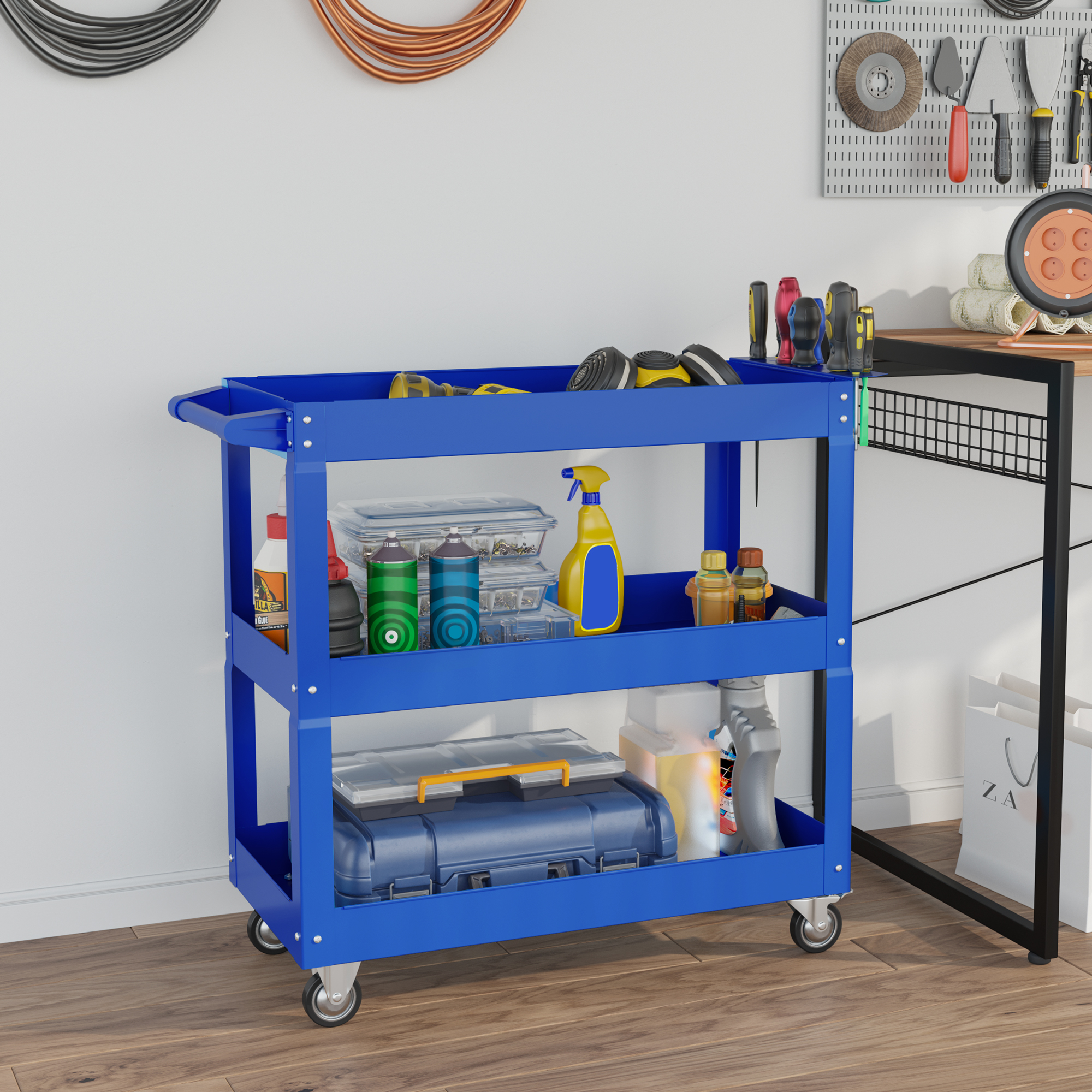 DURHAND 3 Tier Rolling Tool Cart with Wheels, 330 LBS Capacity Heavy Duty Utility Cart, Mobile Service Cart for Garage, Blue Aosom Canada
