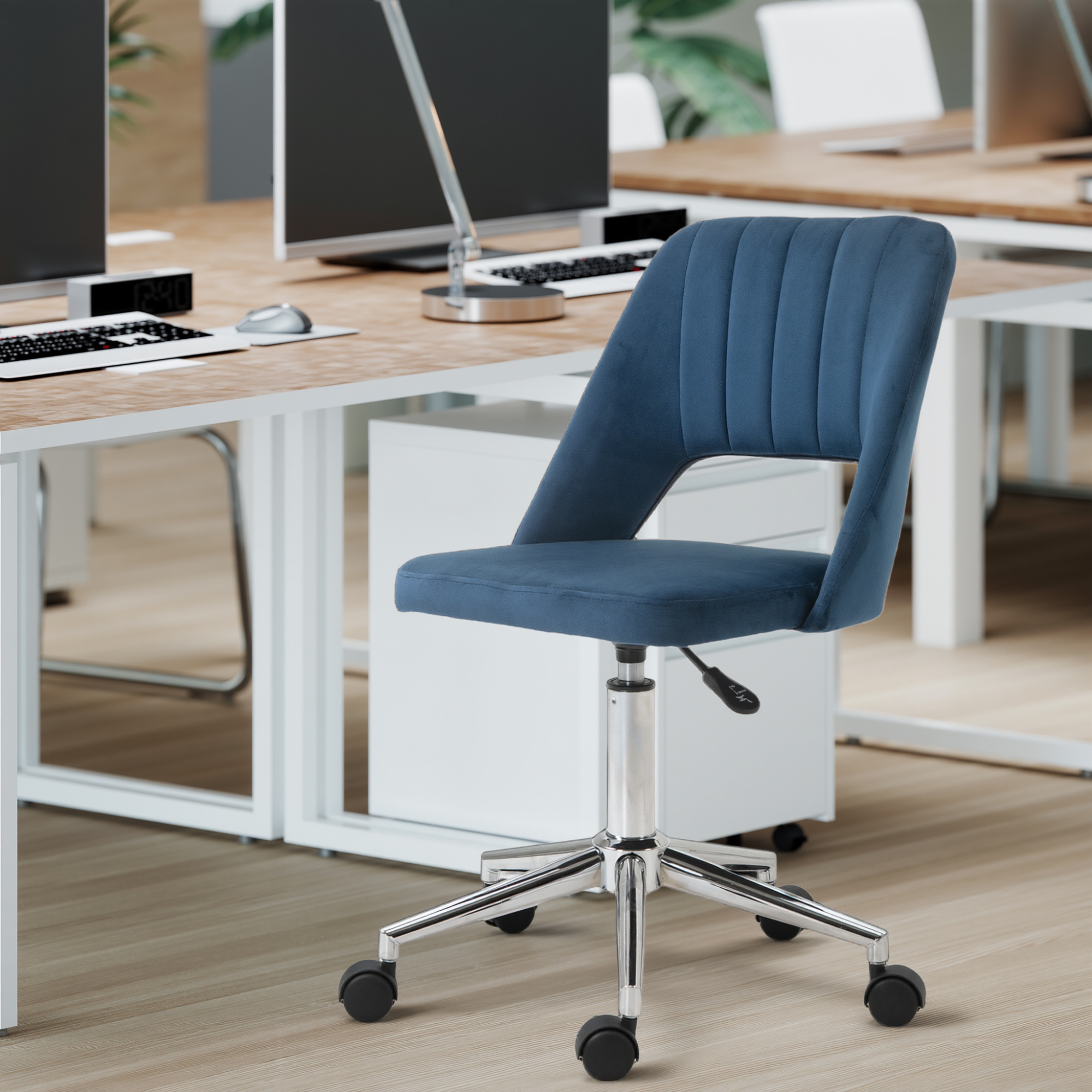 Vinsetto Ergonomic Swivel Chair: Plush Velvet Upholstery, Scalloped Backrest & 360° Mobility for Comfortable Computing, Blue Aosom Canada