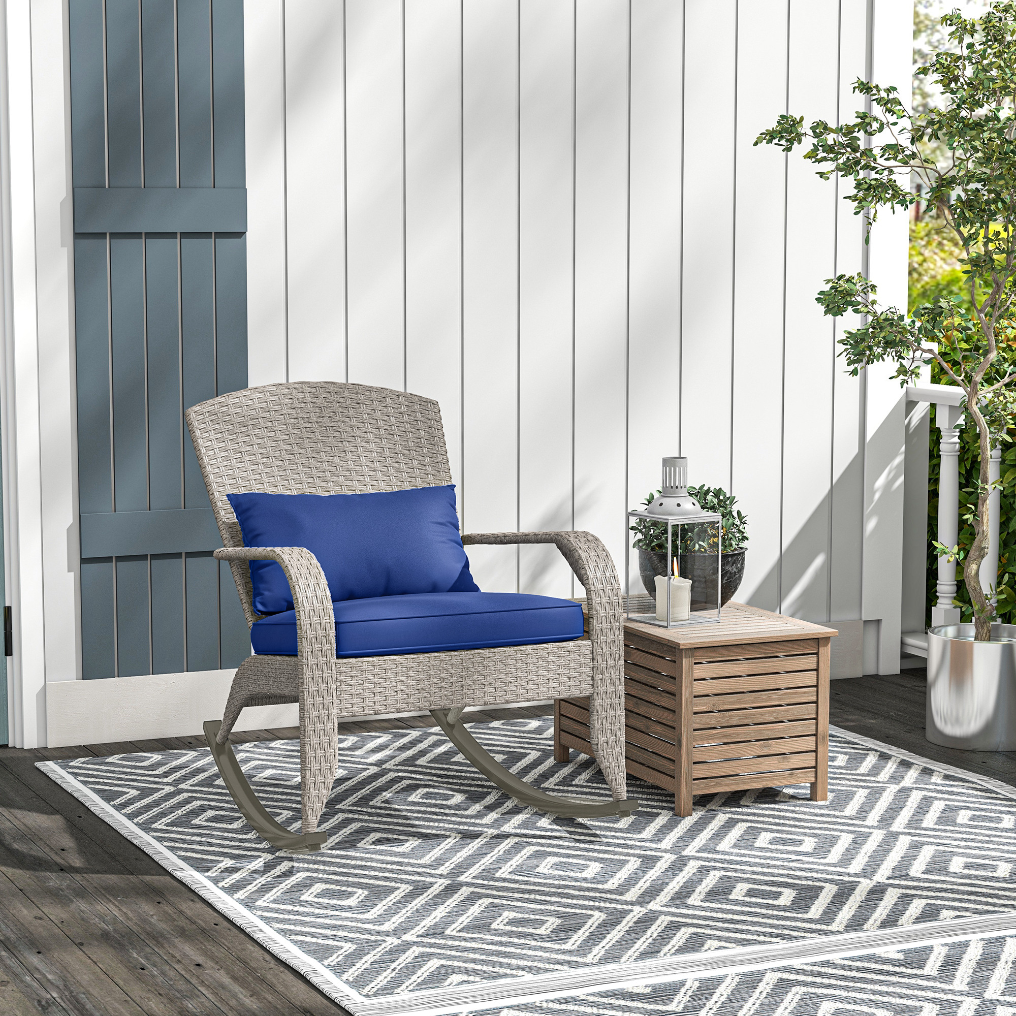 Outsunny Adirondack Chair, Outdoor Wicker Rocking Chair with High Back, Seat Cushion and Pillow for Porch, Balcony, Dark Blue Aosom Canada