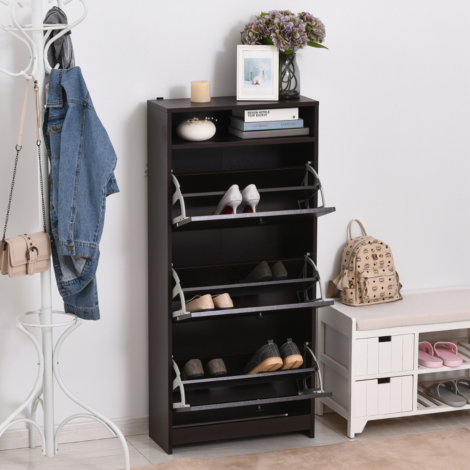 HOMCOM Slim Shoe Storage with 3 Flip Drawers and Adjustable Shelves Shoe Cabinet Organizer for 9 Pair, Coffee Aosom Canada